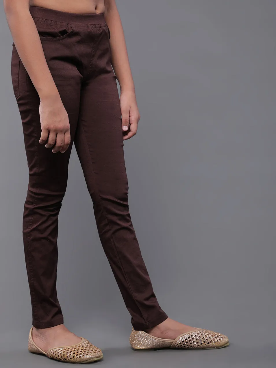 Girl's Brown Solid Cigarette Trousers - Aks Girls