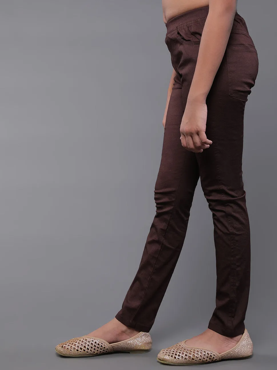 Girl's Brown Solid Cigarette Trousers - Aks Girls