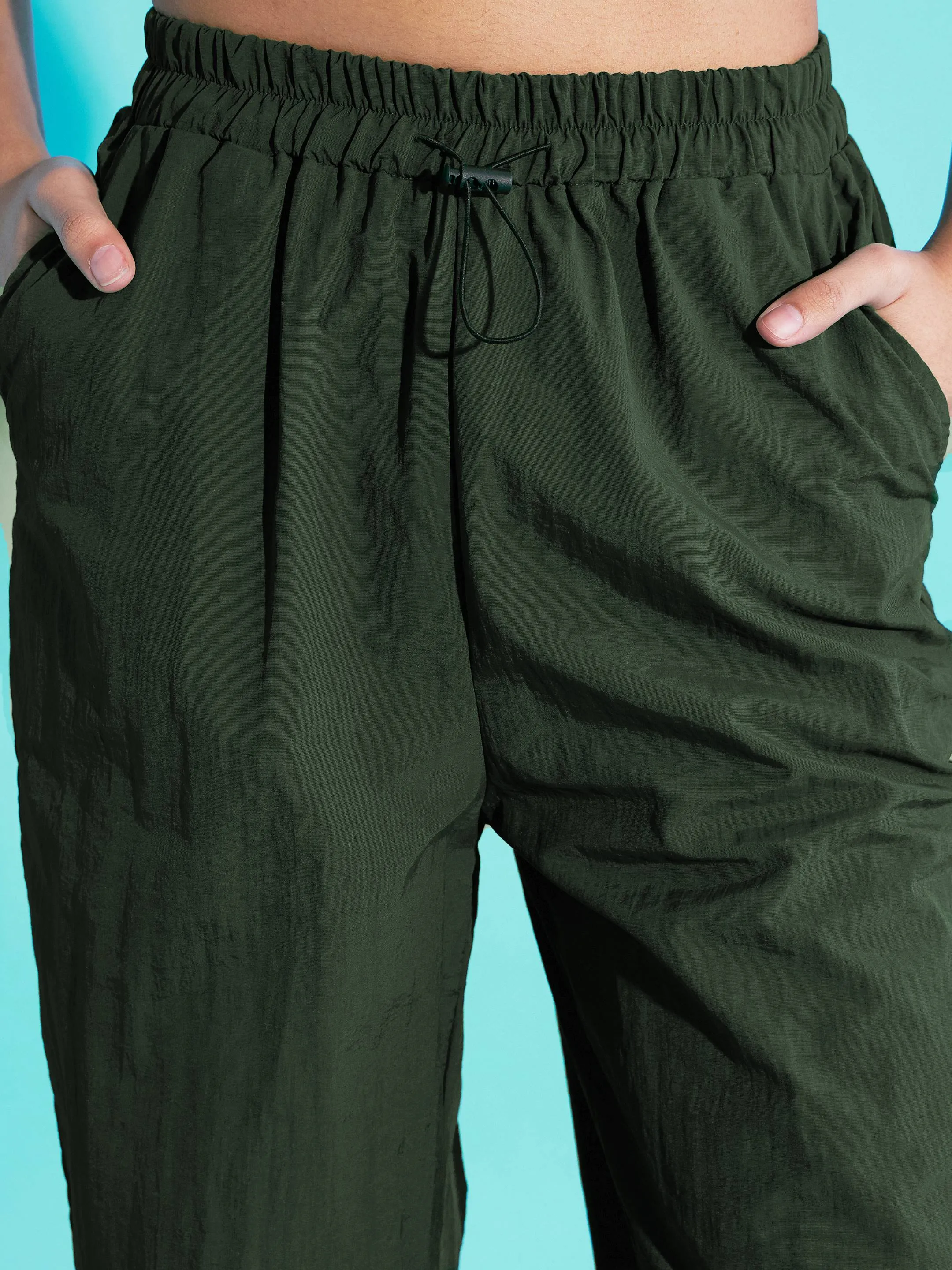 Girls Green Out Seam Neon Zipper Cargo Parachute Pants