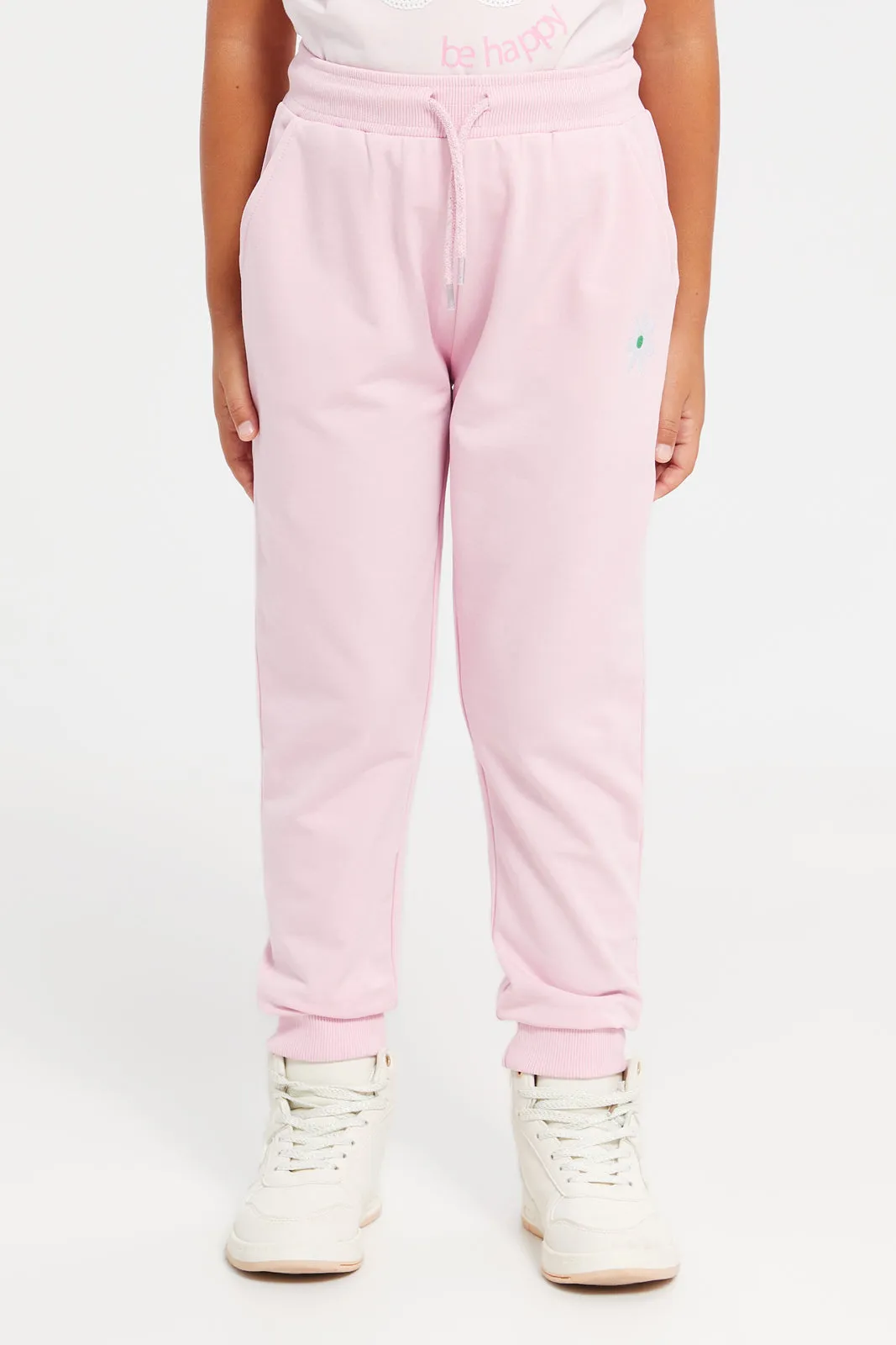 Girls Pink Flower Embroidered Track Pants