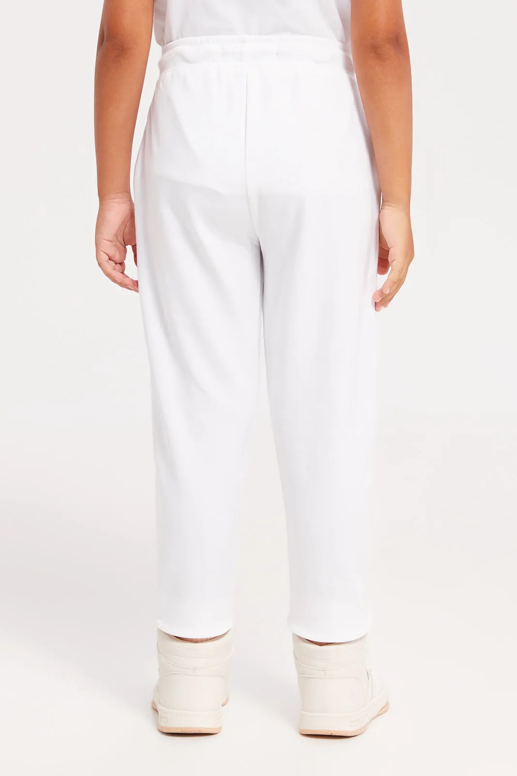 Girls White Embroidered Track Pants