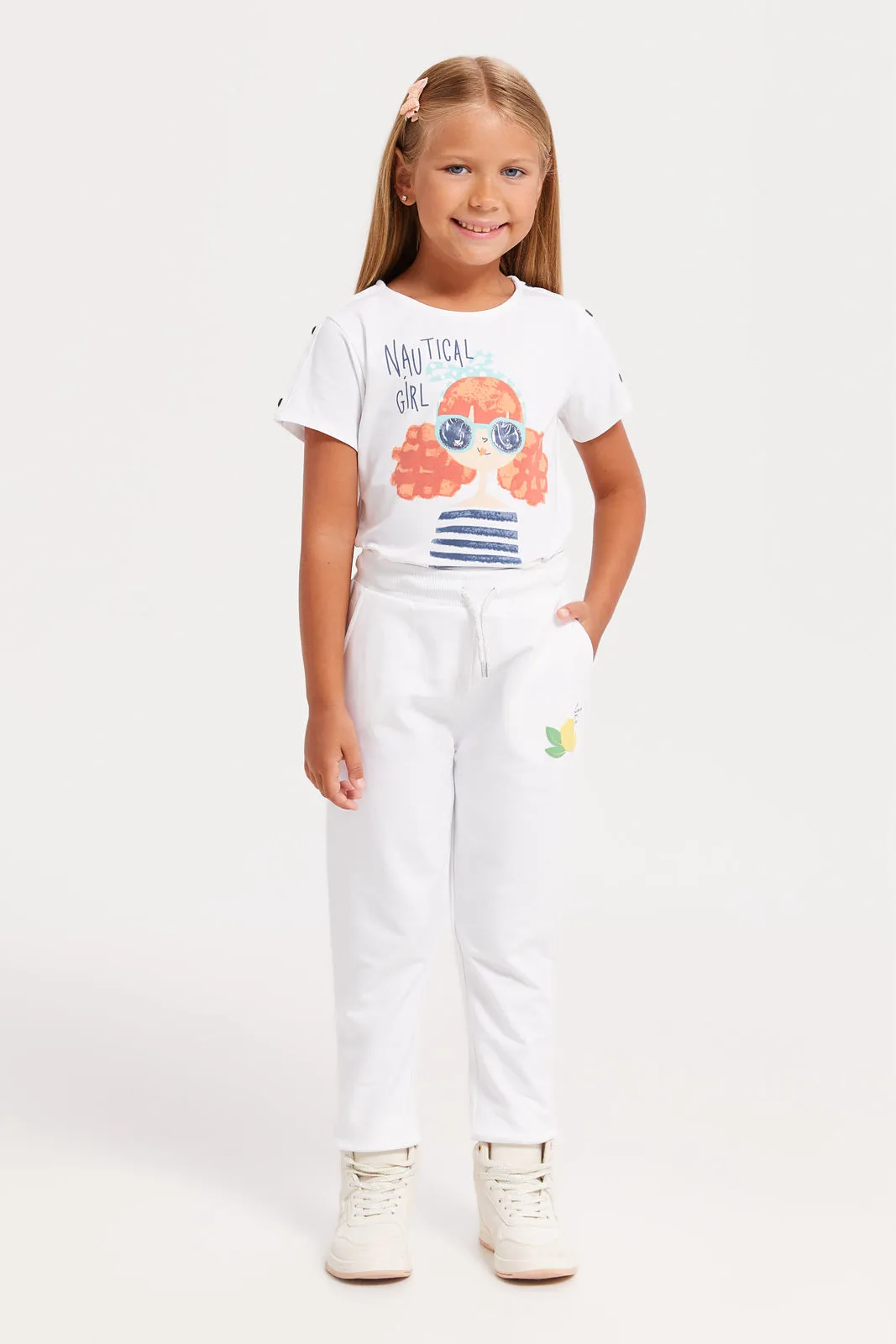 Girls White Embroidered Track Pants