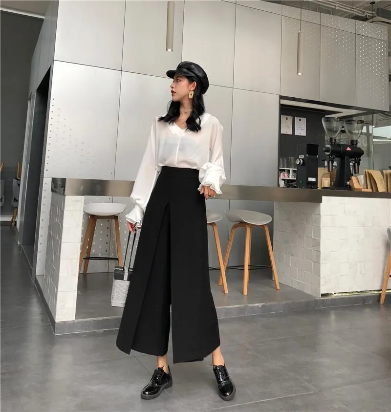 Gray Black Elegant Loose High Waist Casual Pants