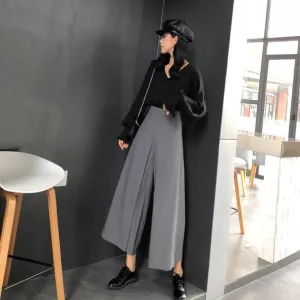 Gray Black Elegant Loose High Waist Casual Pants