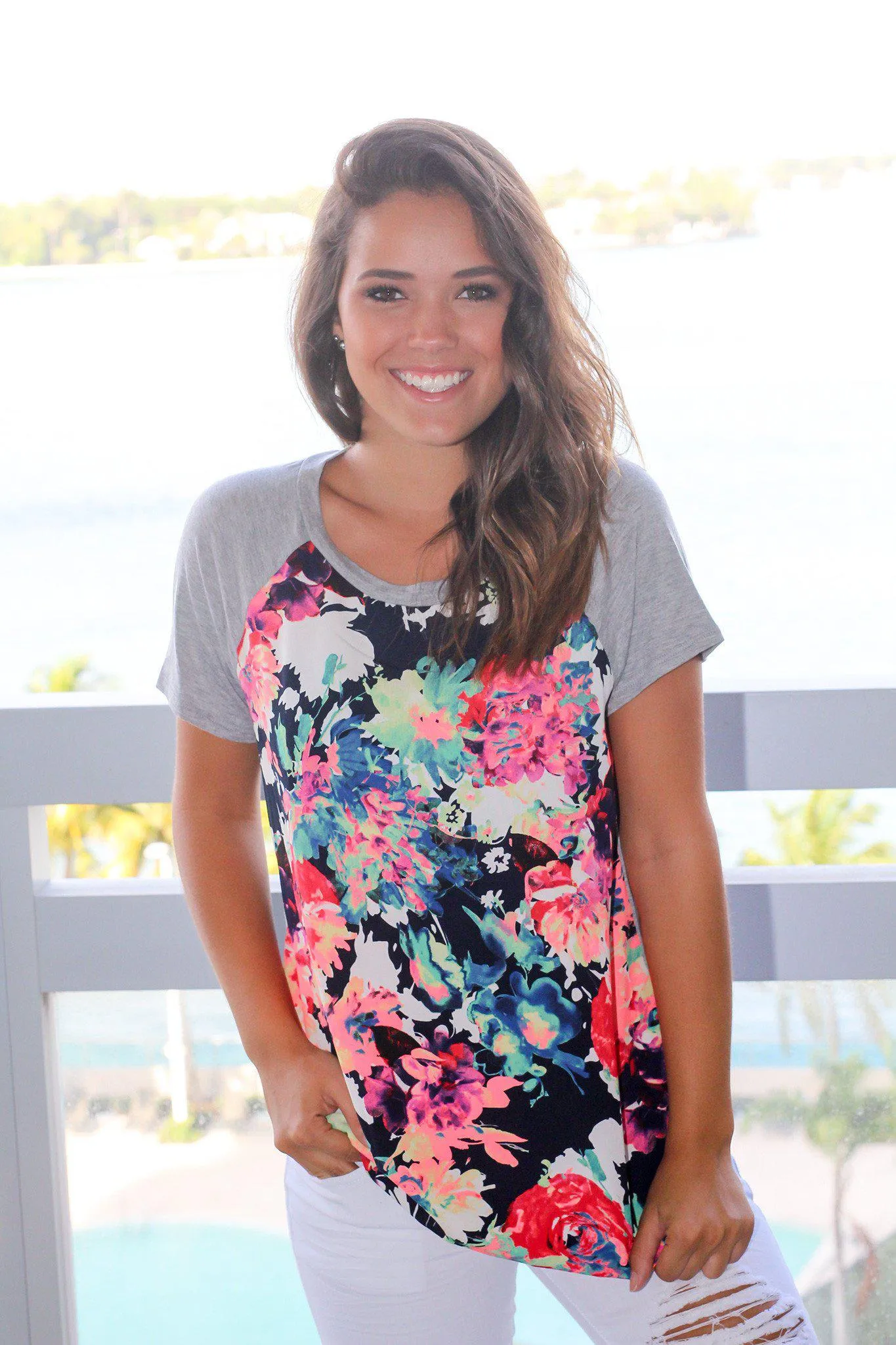 Gray Top with Neon Floral Front