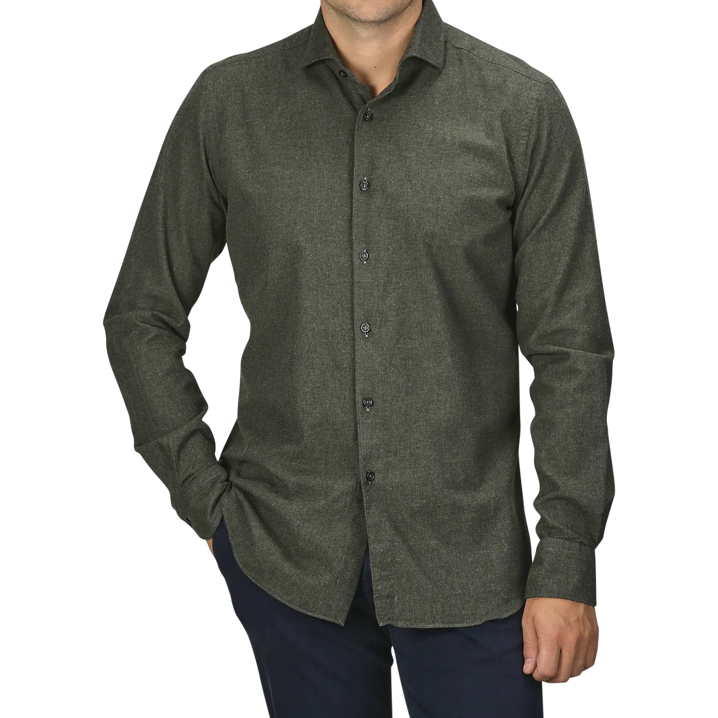 Green Melange Cotton Flannel Tailor Fit Shirt