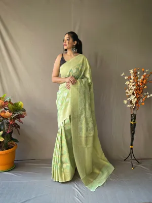 Green Saree in Linen Silk