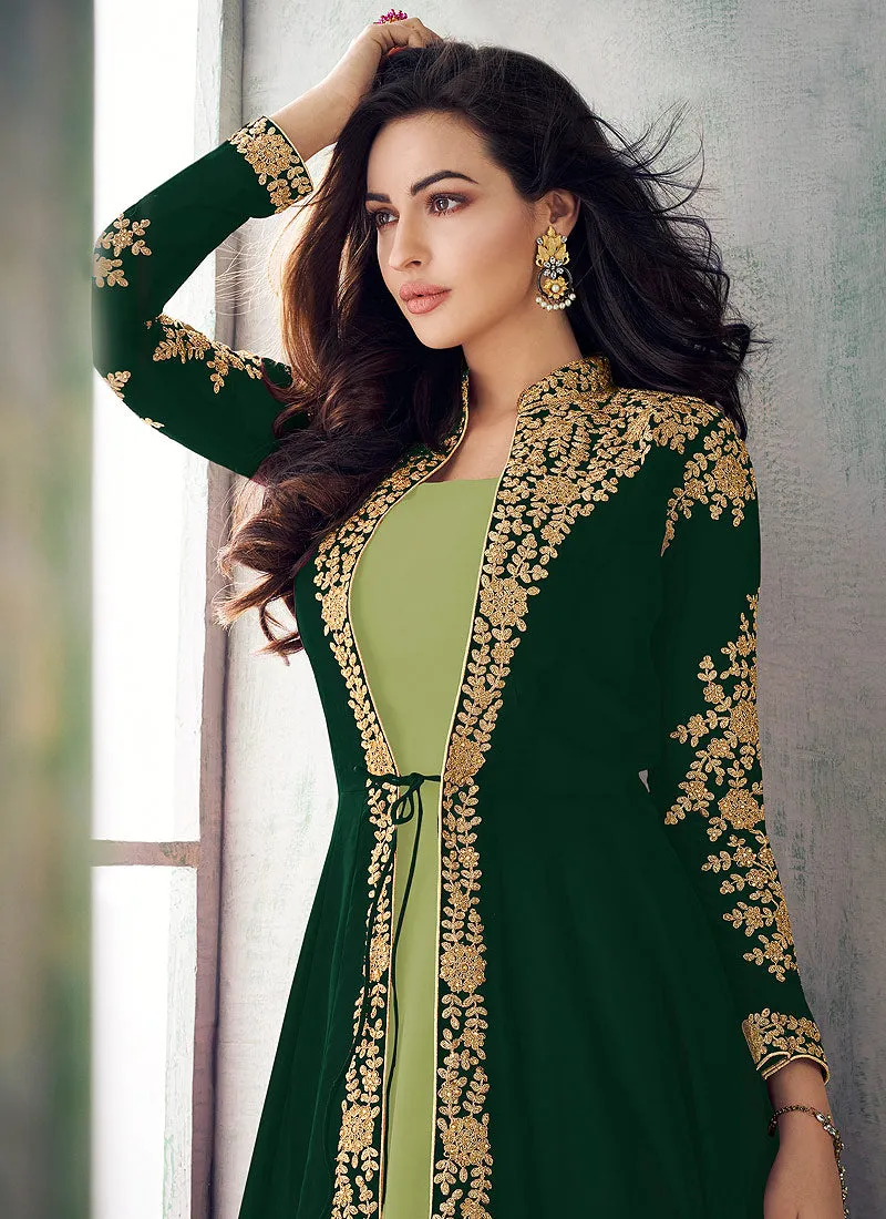 Green Two Tone Jacket Style Embroidered Pant Suit