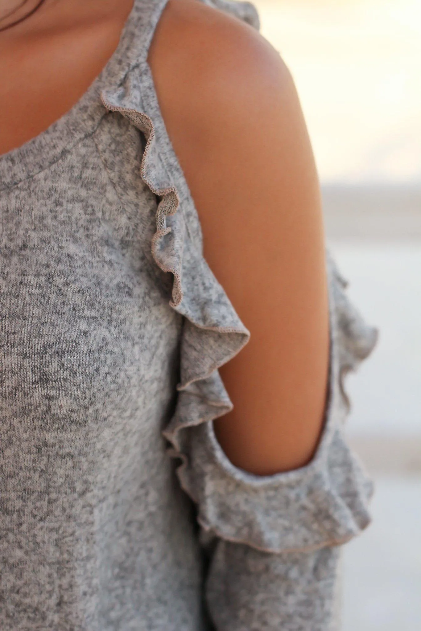 Heather Gray Cold Shoulder Top with Ruffle Detail