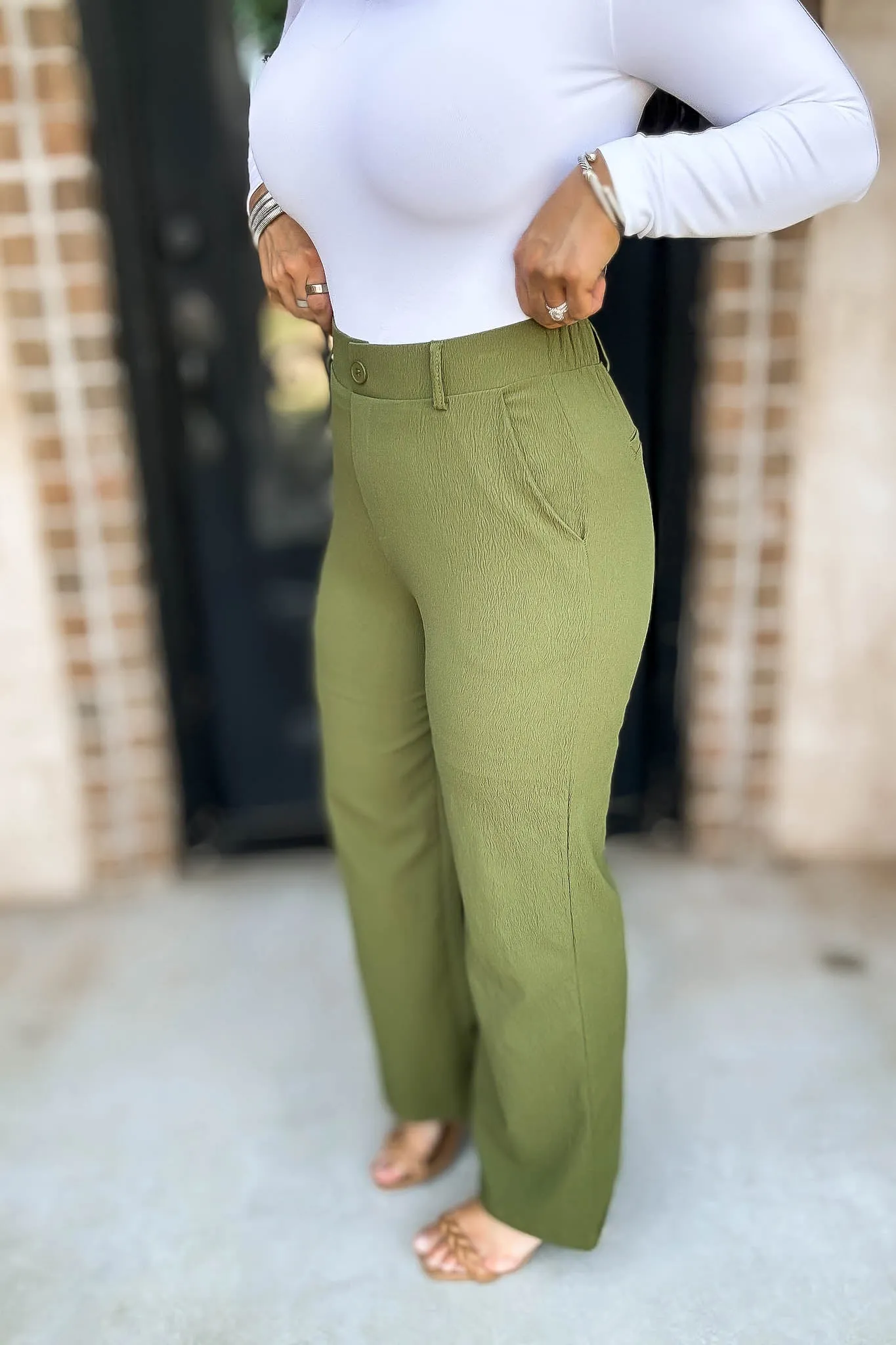 High Rise Cactus Elastic Back Wide Leg Pants