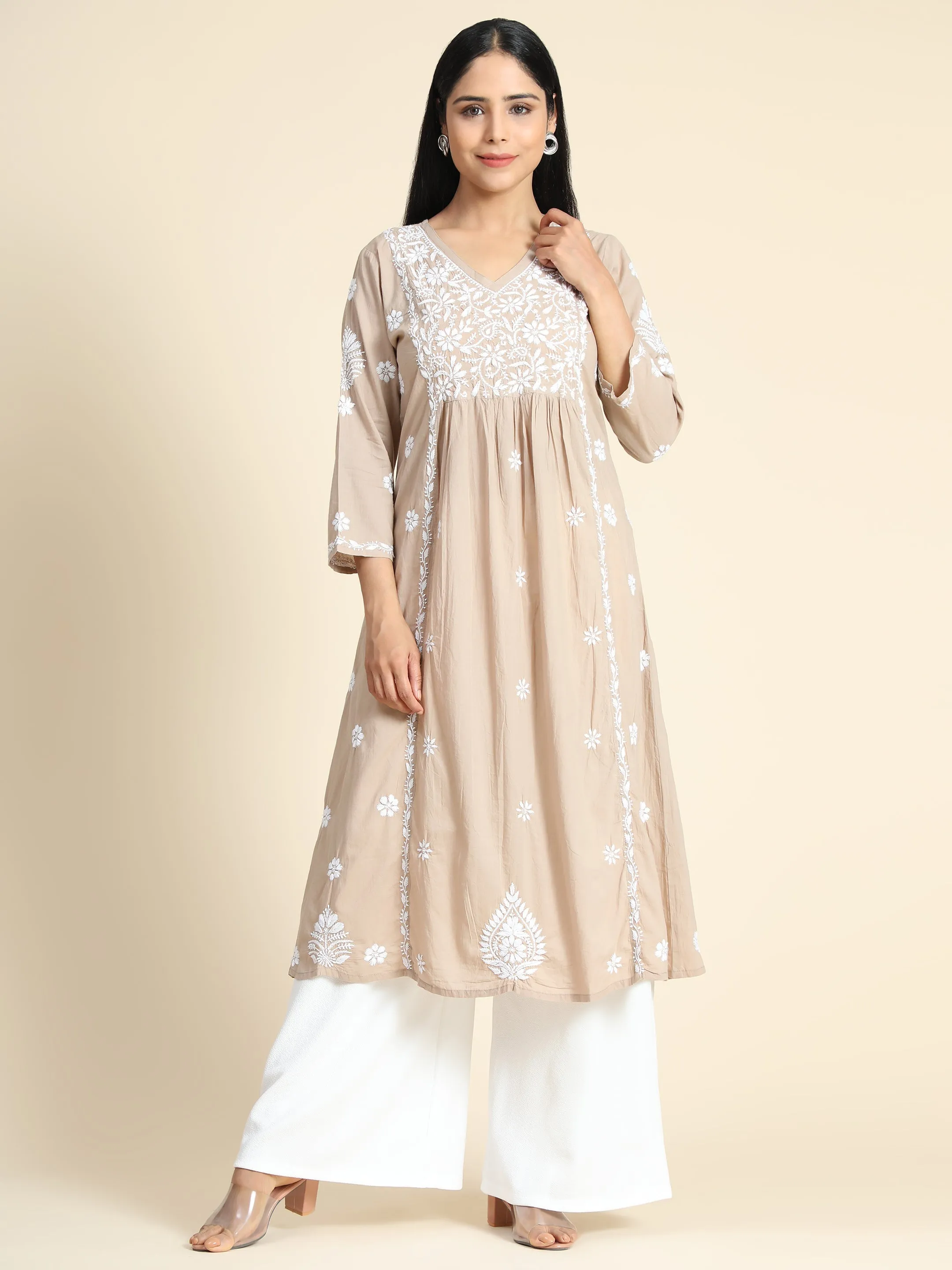 HOK Chikankari Kurti for Women - Beige