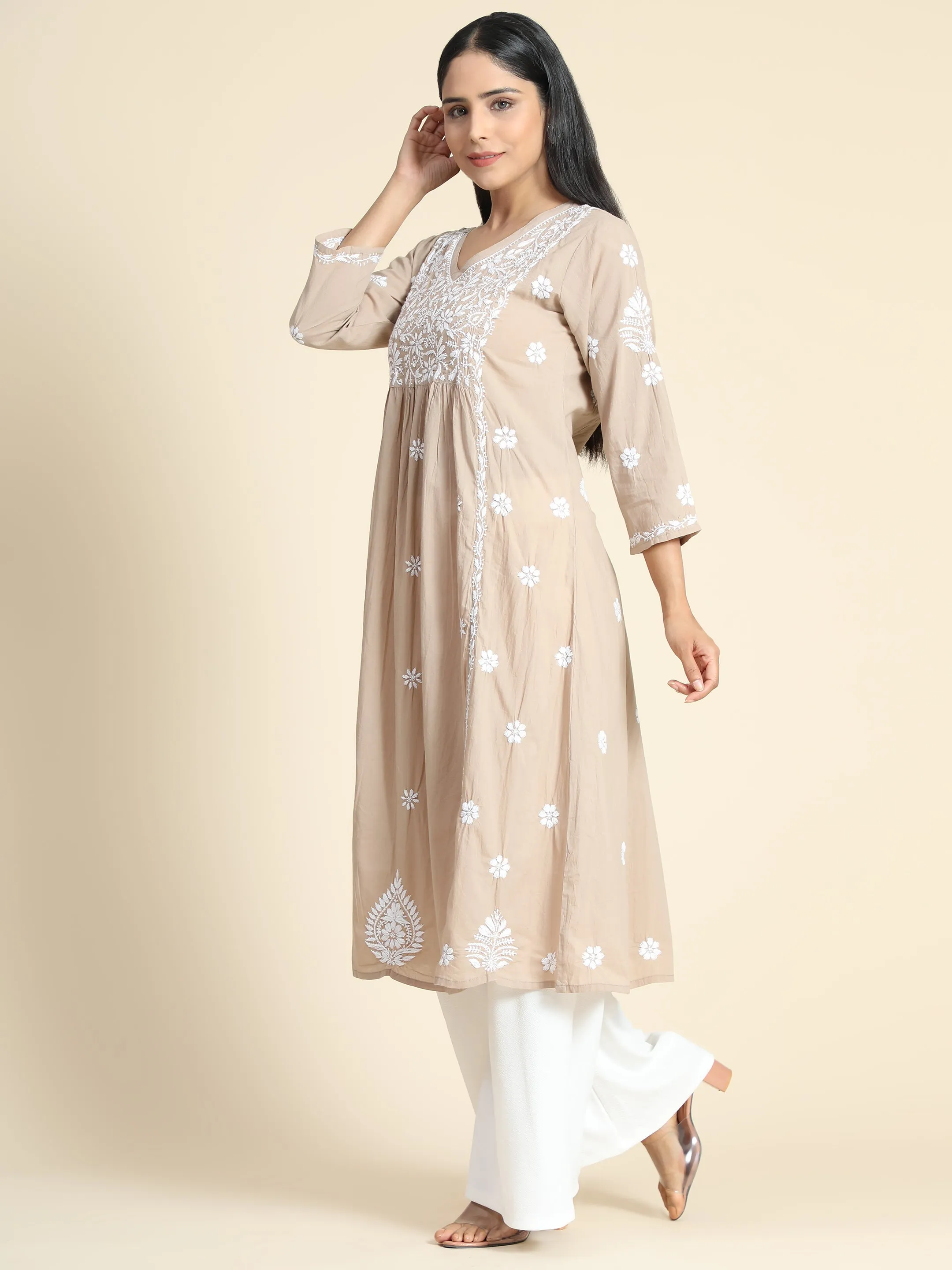 HOK Chikankari Kurti for Women - Beige