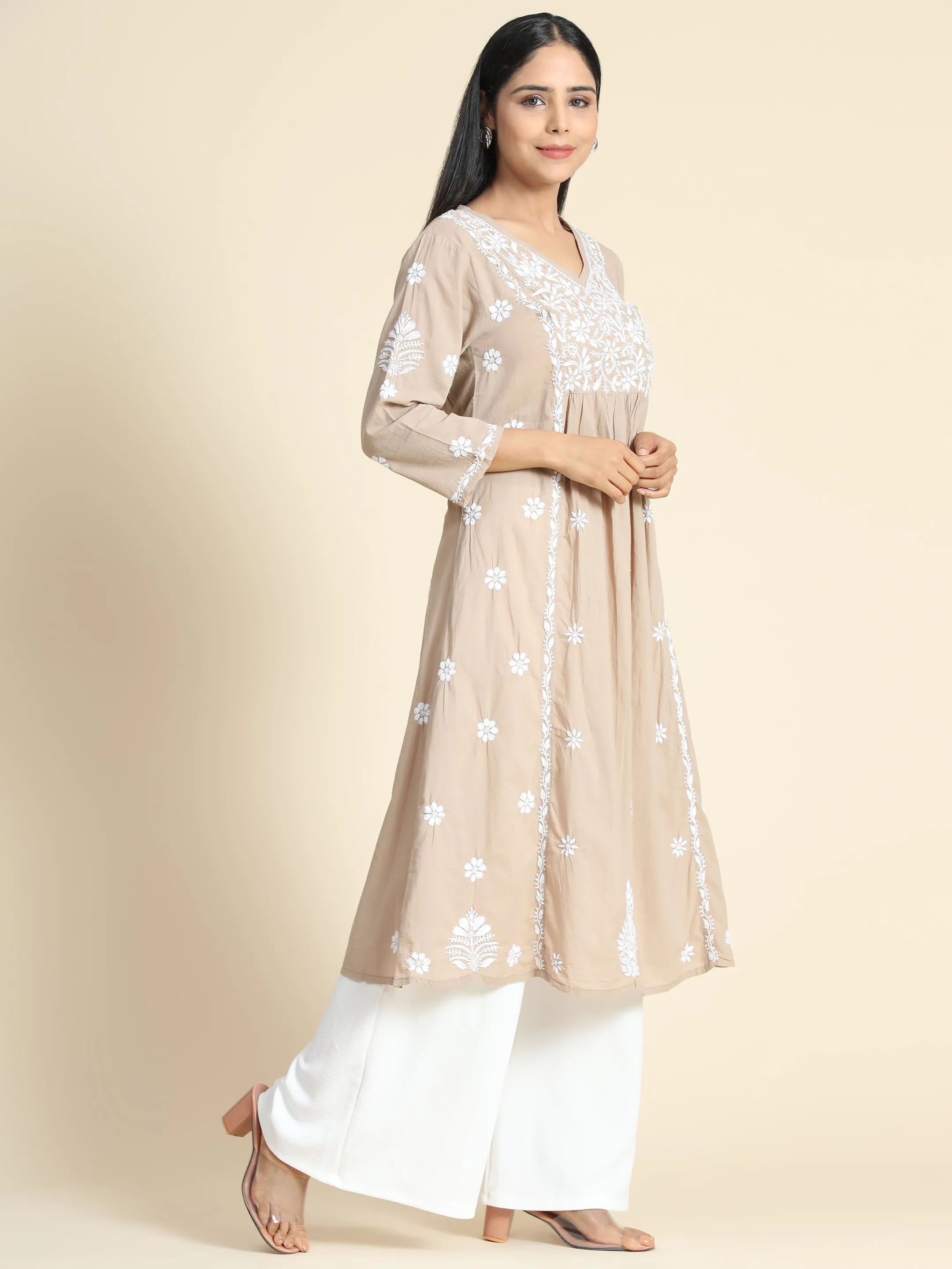 HOK Chikankari Kurti for Women - Beige