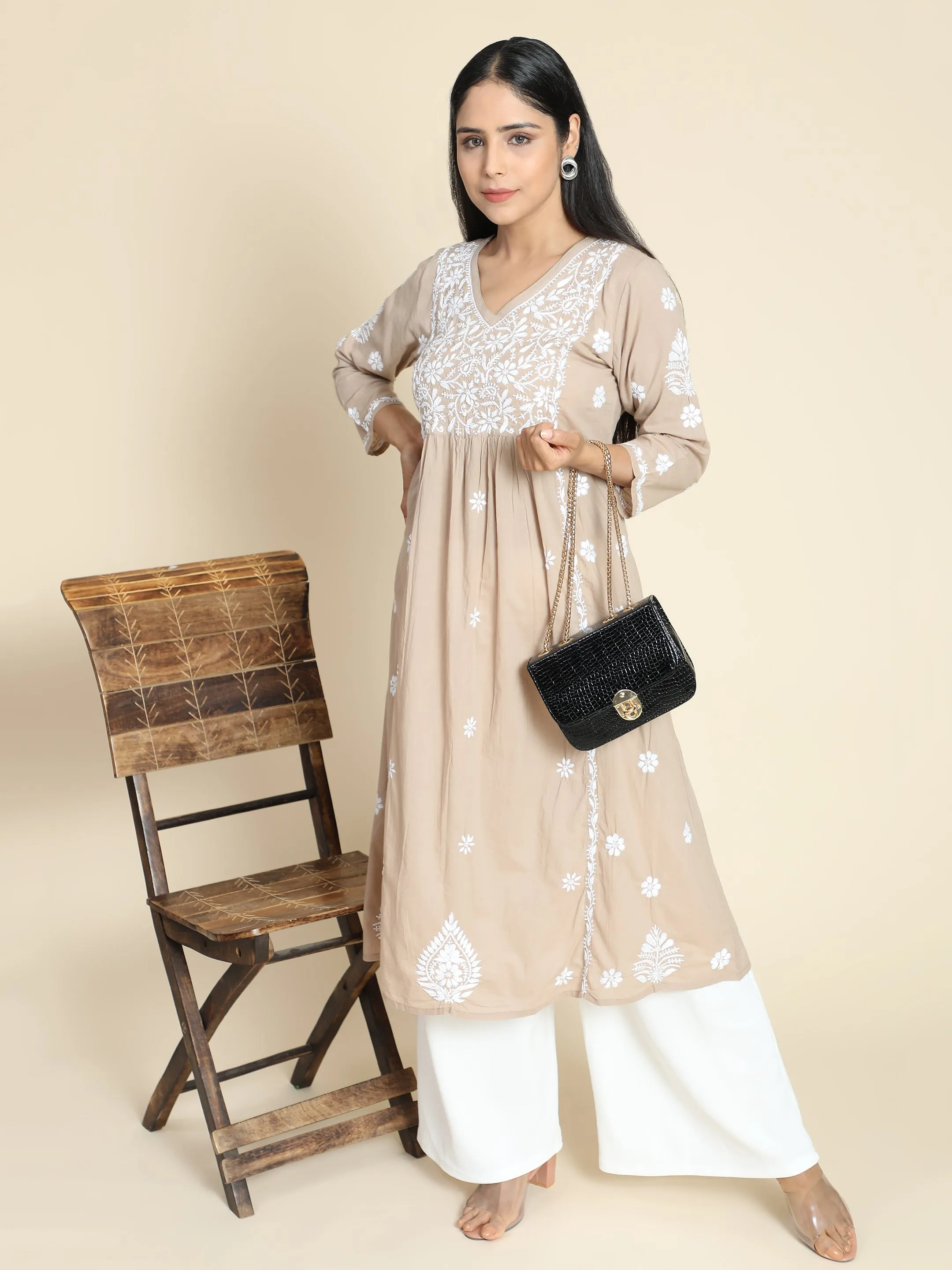 HOK Chikankari Kurti for Women - Beige