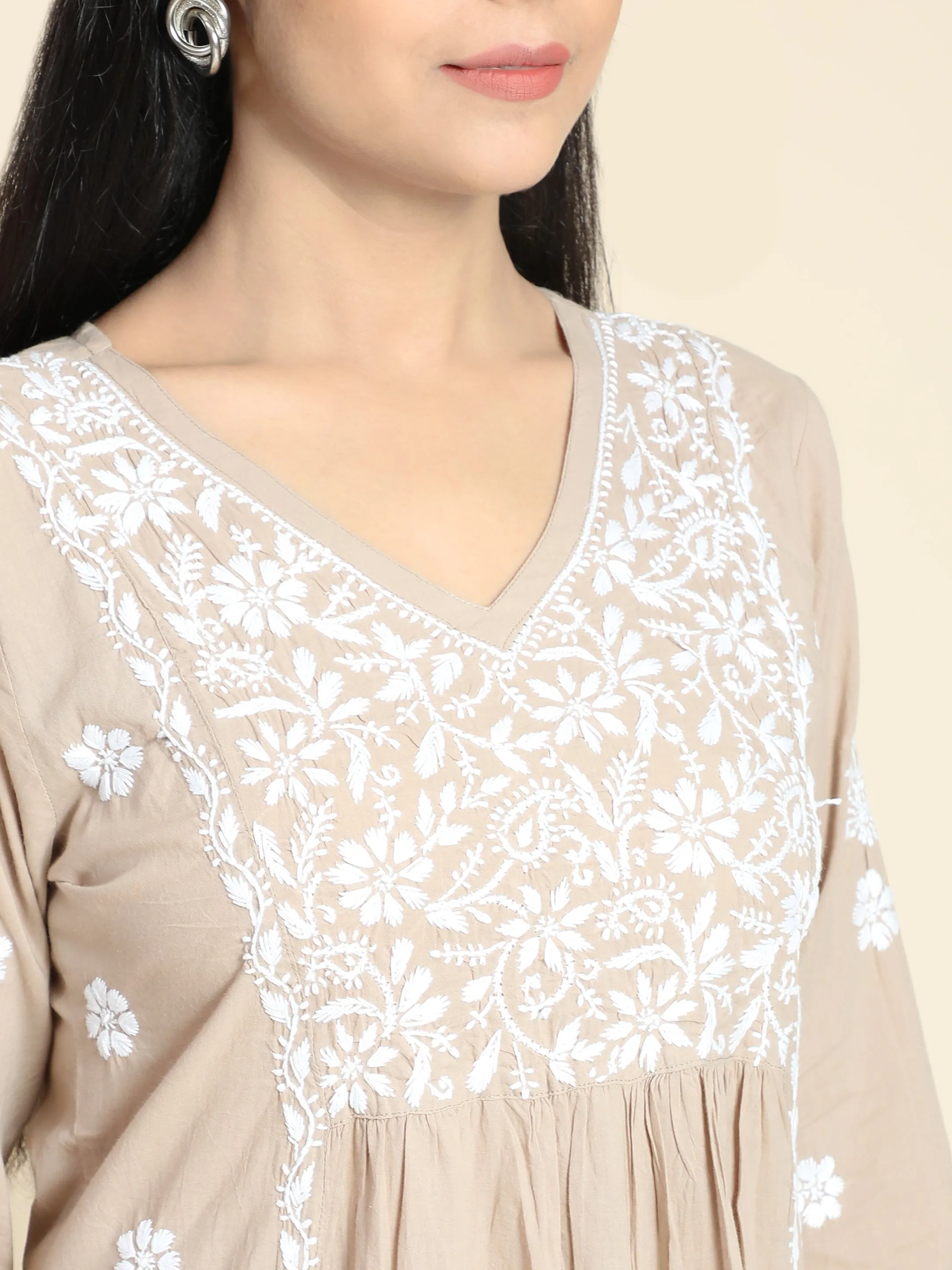 HOK Chikankari Kurti for Women - Beige