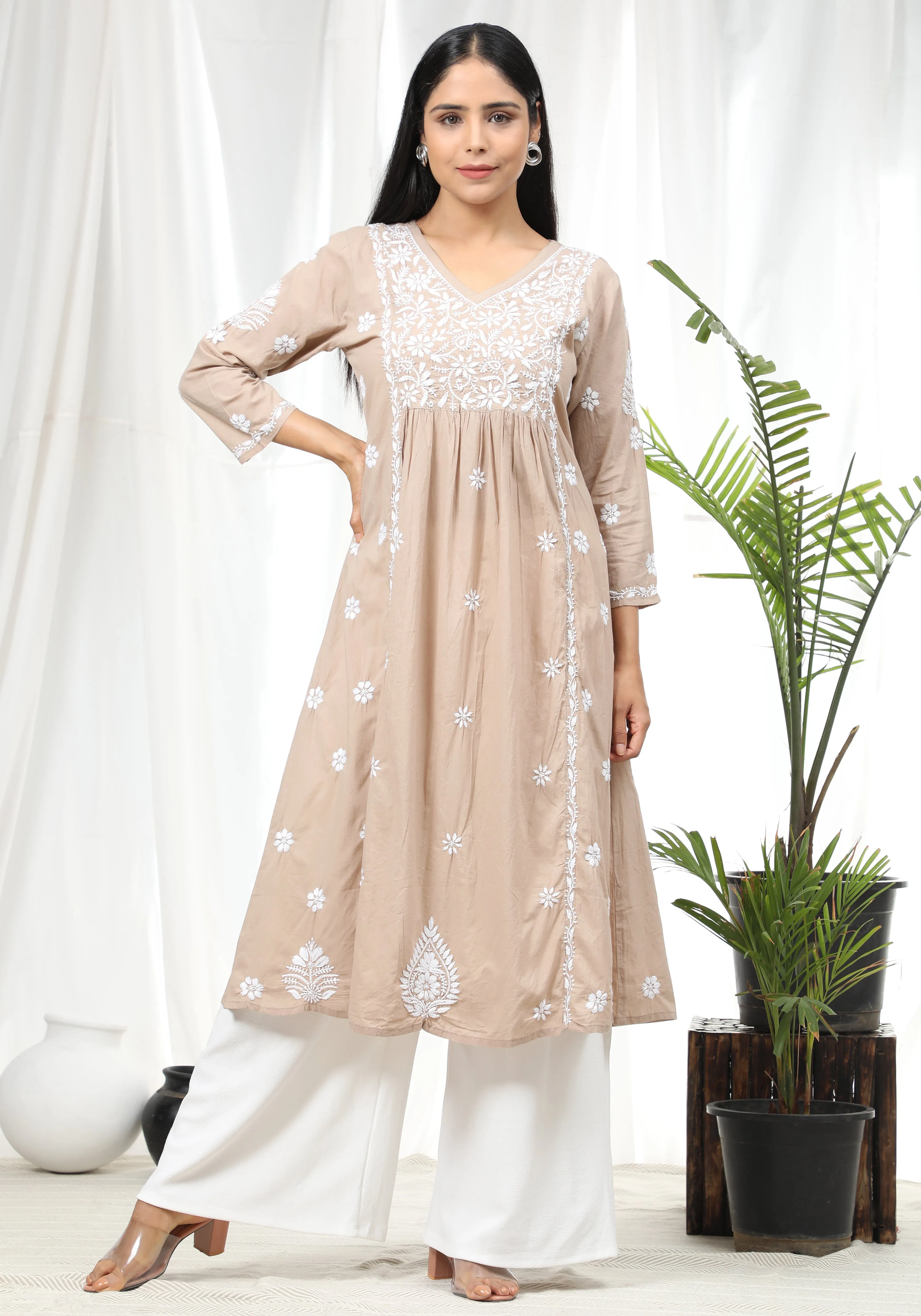 HOK Chikankari Kurti for Women - Beige