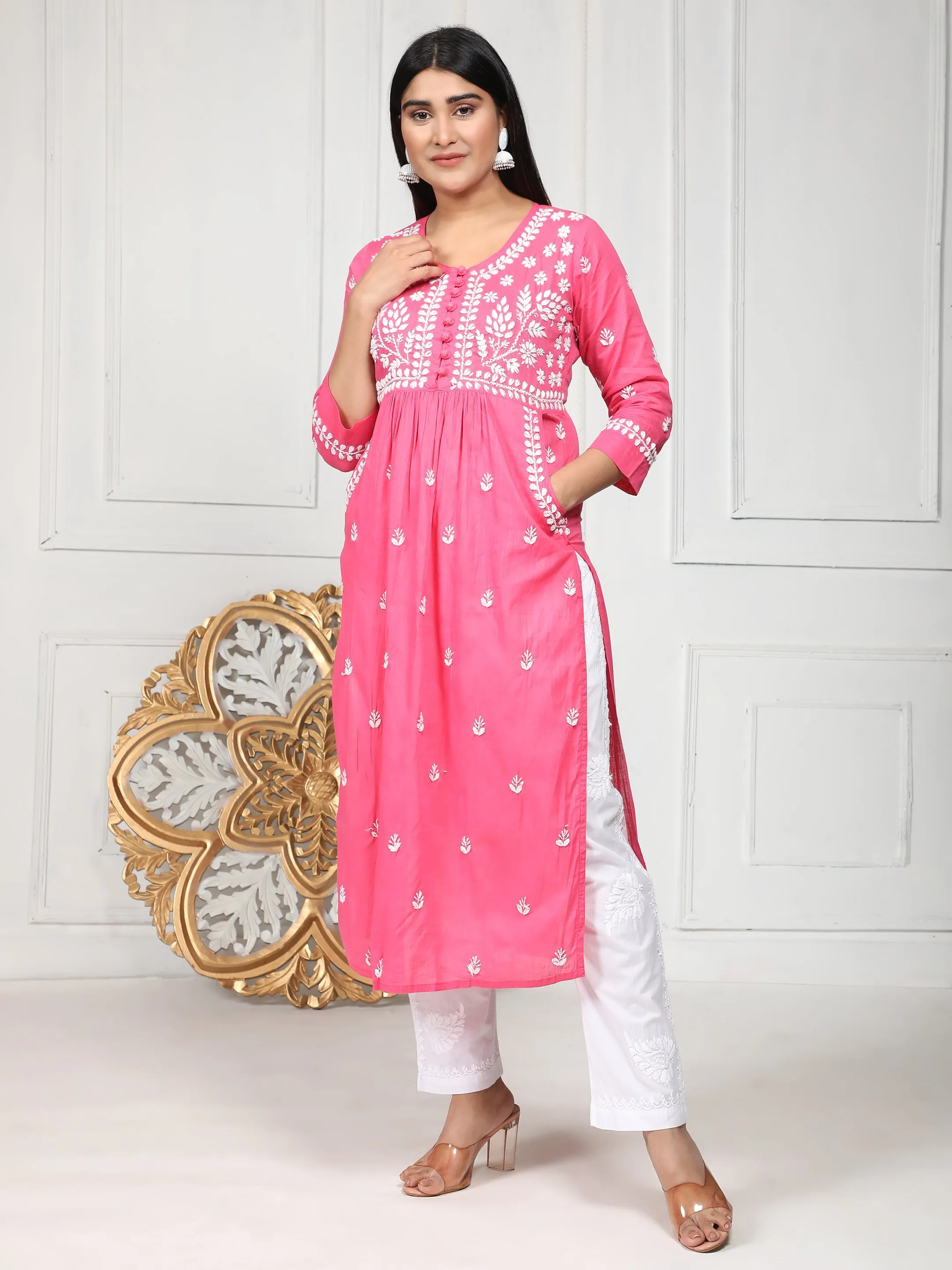 HOK Chikankari Kurti for Women With Pocket  - Pink