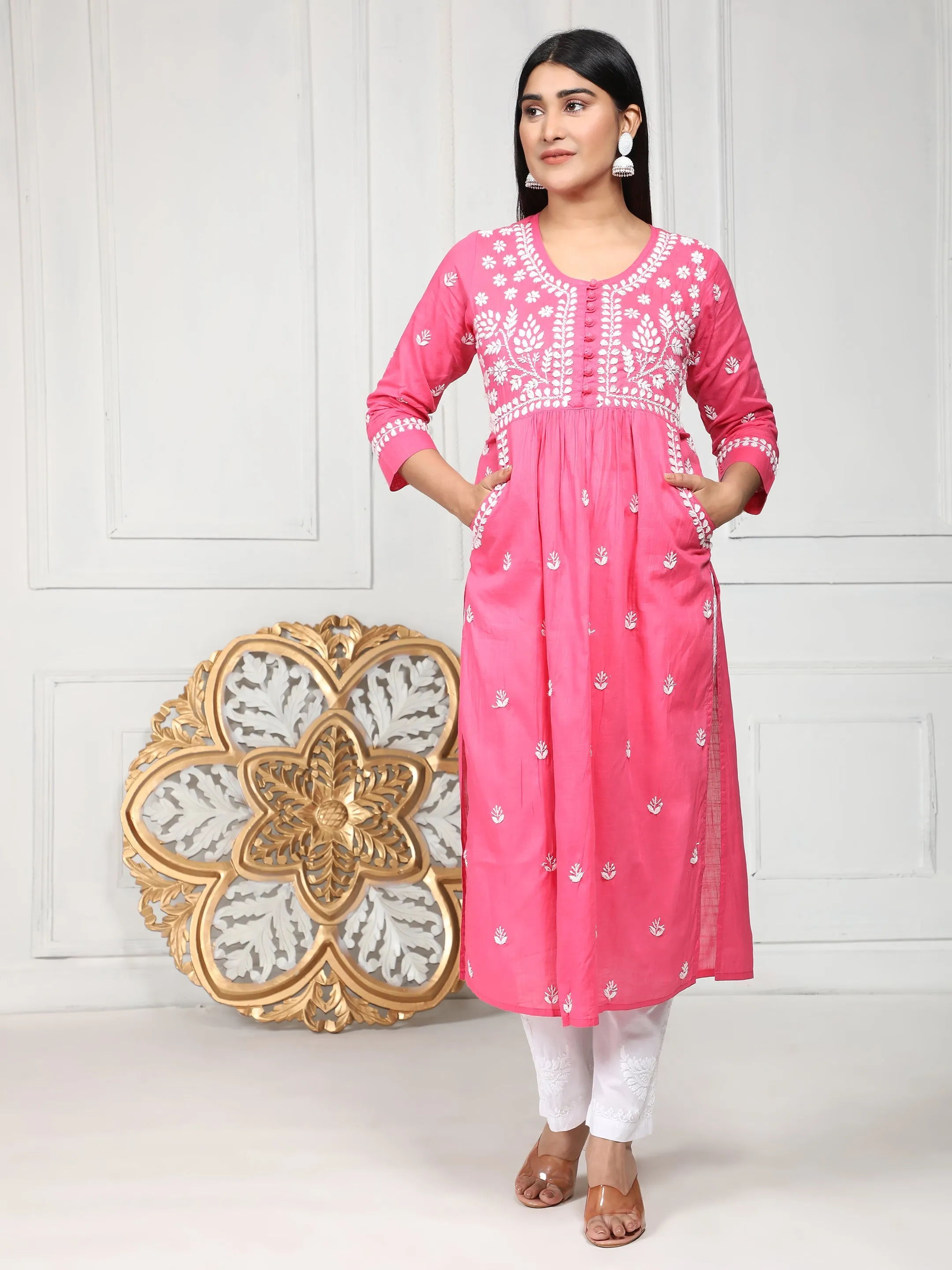 HOK Chikankari Kurti for Women With Pocket  - Pink