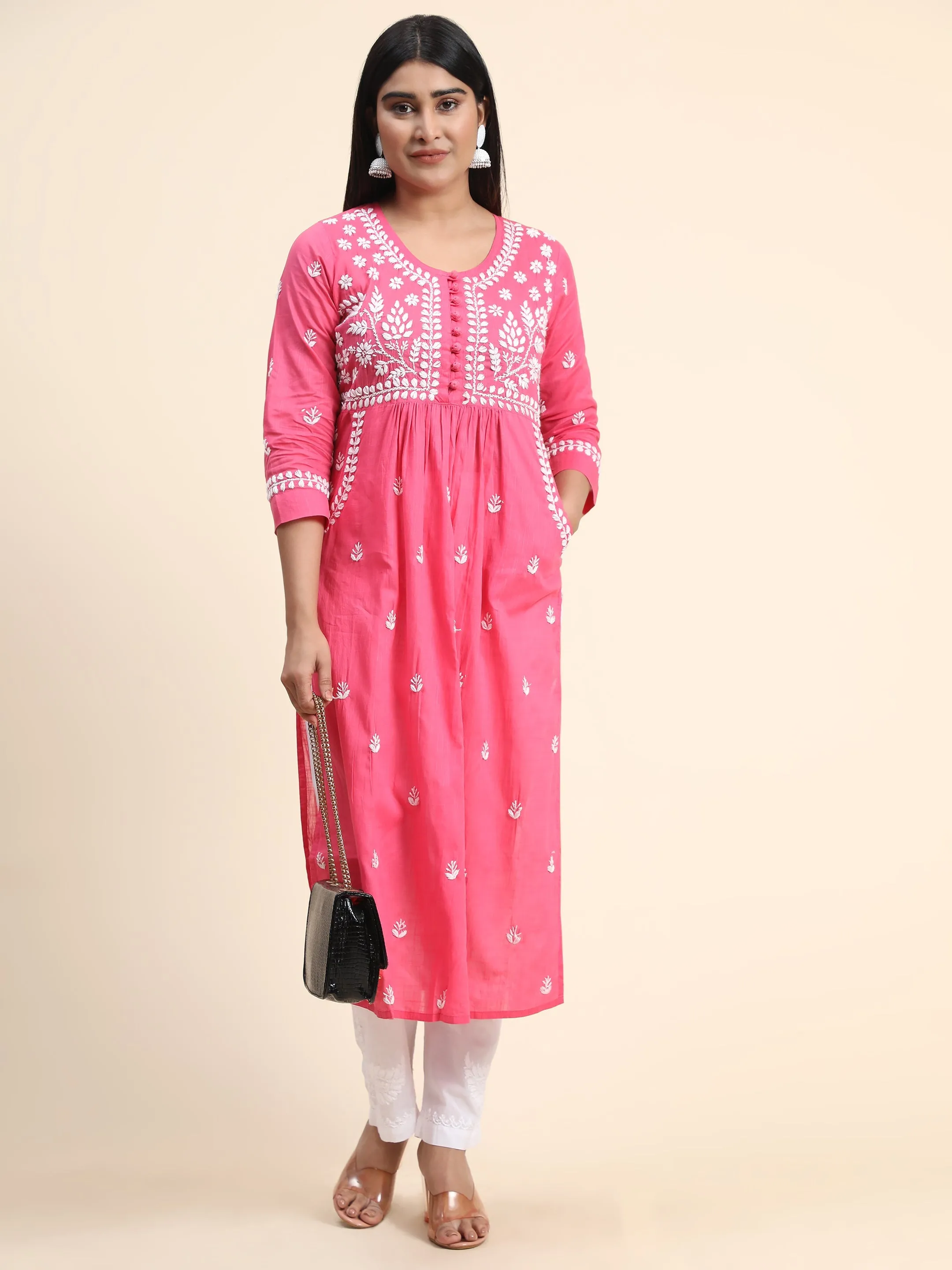 HOK Chikankari Kurti for Women With Pocket  - Pink