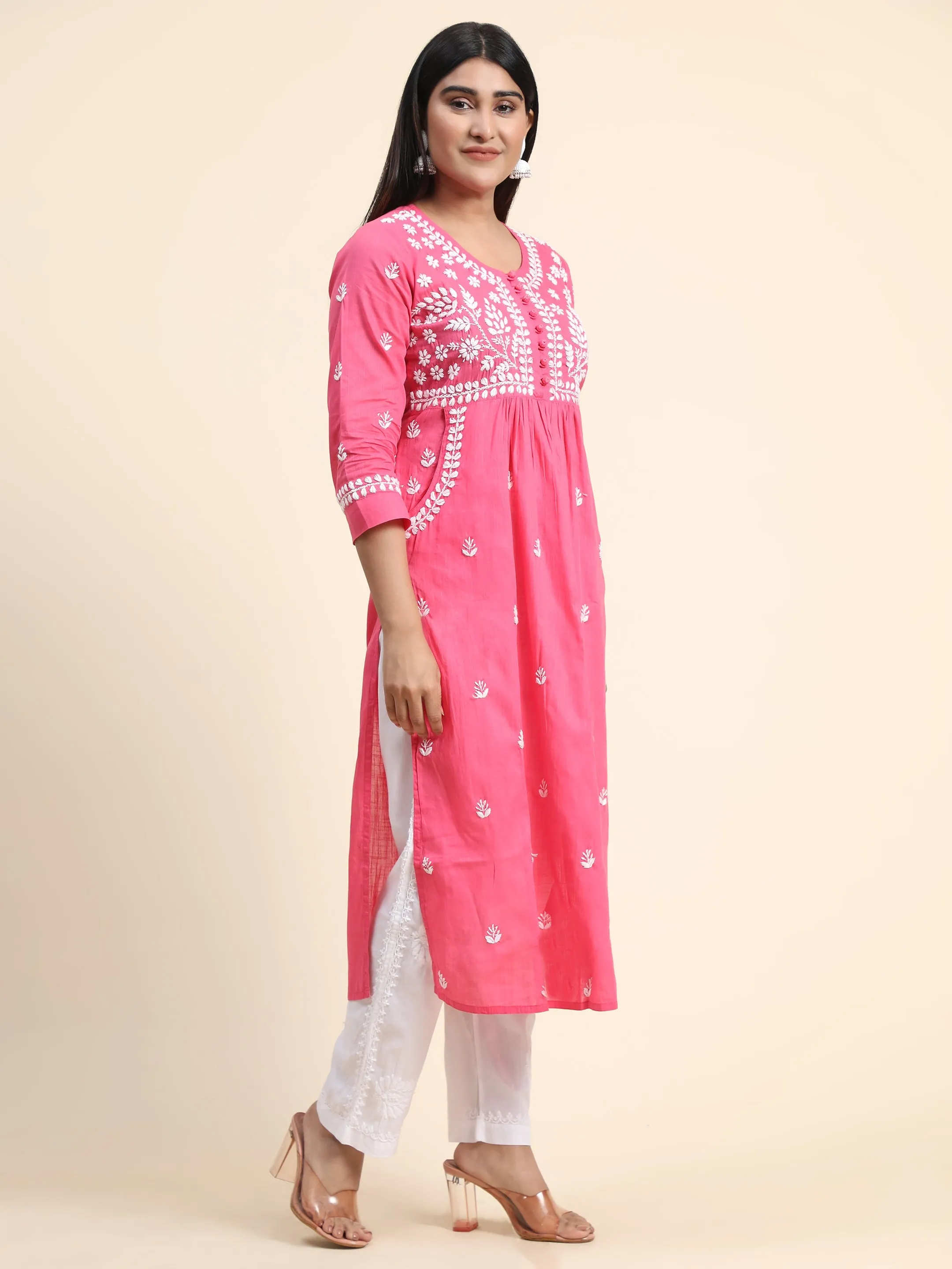 HOK Chikankari Kurti for Women With Pocket  - Pink