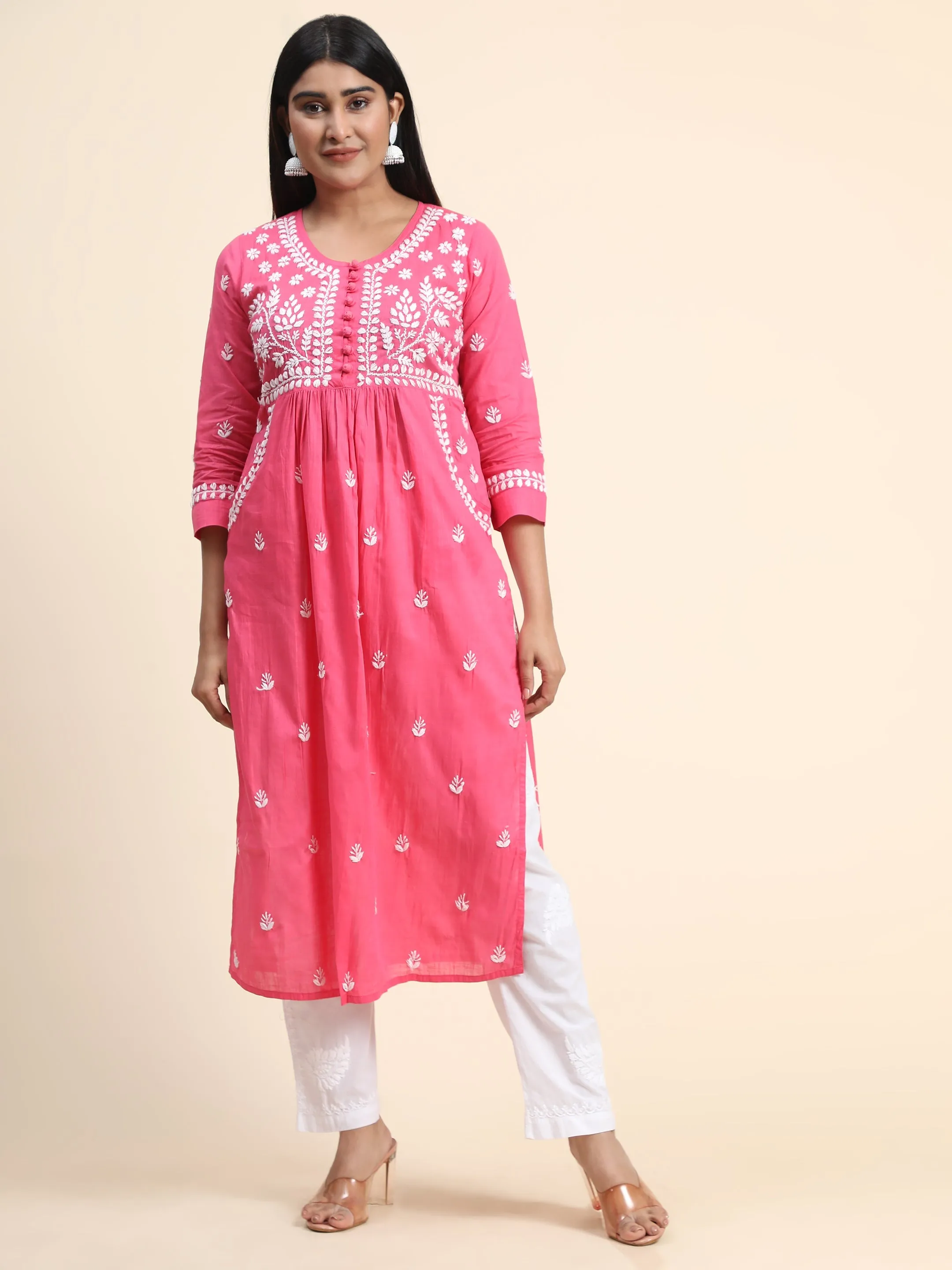 HOK Chikankari Kurti for Women With Pocket  - Pink