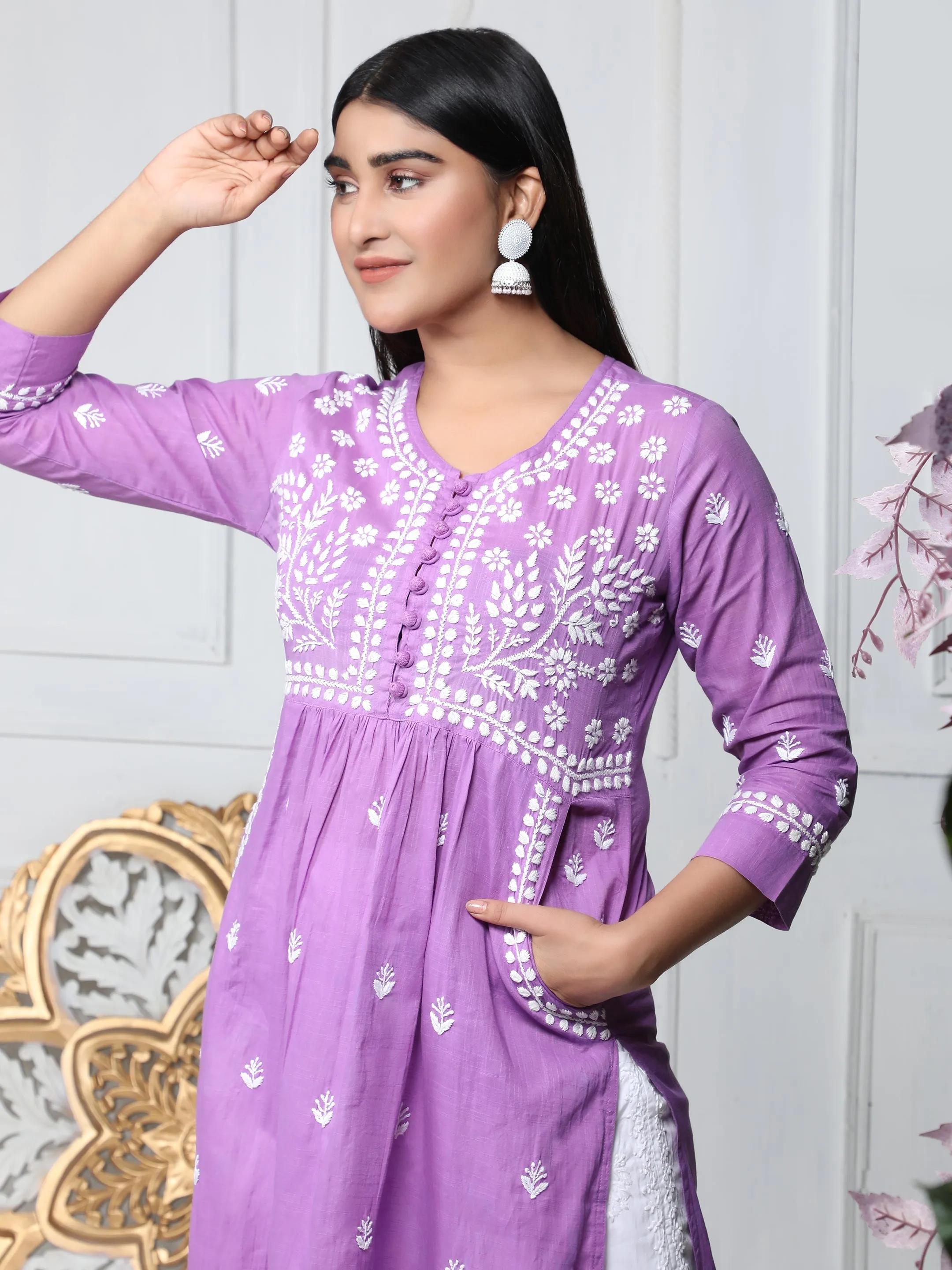 HOK Chikankari Kurti for Women With Pocket  - Purple