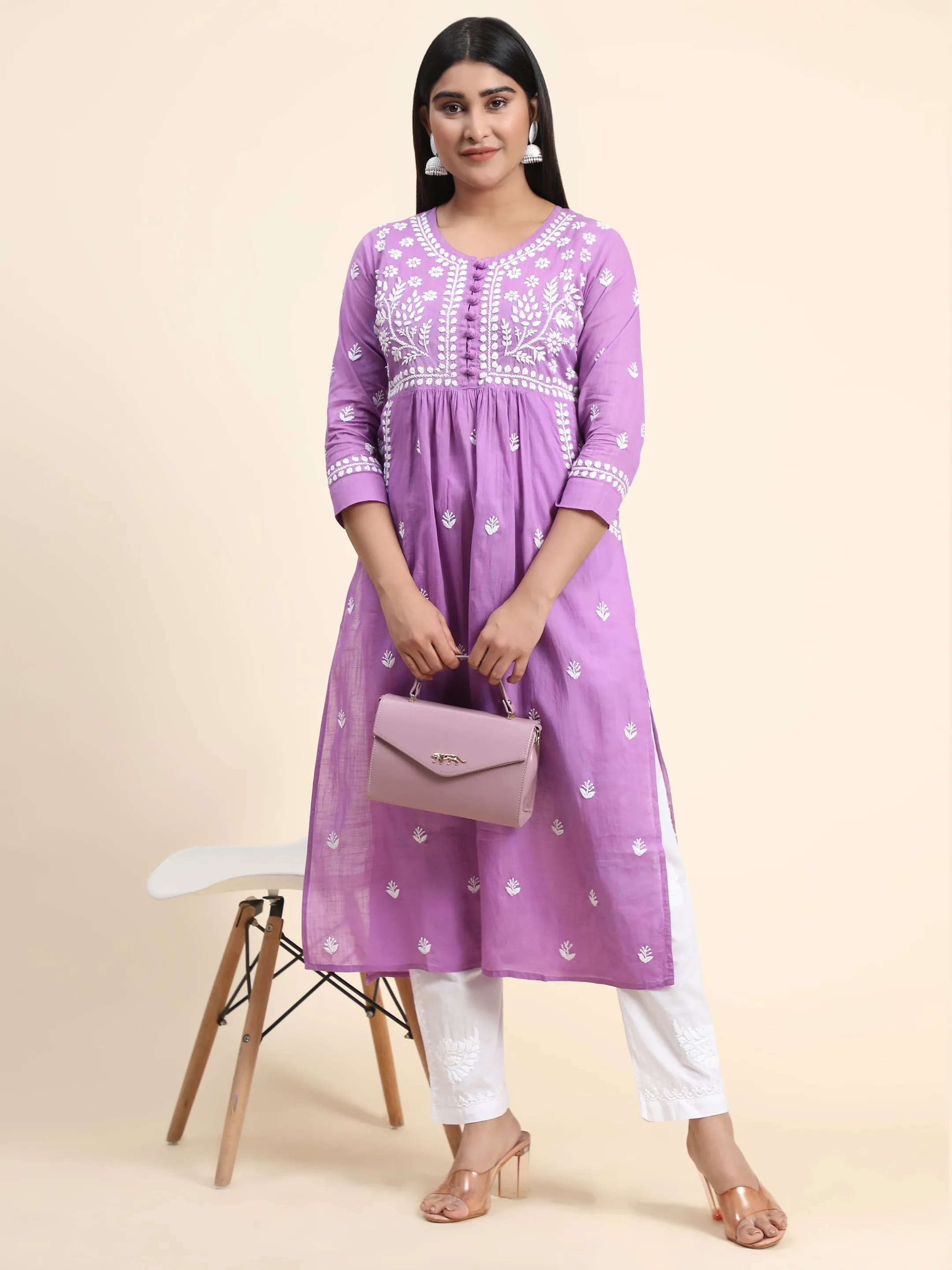 HOK Chikankari Kurti for Women With Pocket  - Purple