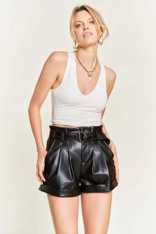 Hot Girl High Waisted Belted Faux Leather Shorts