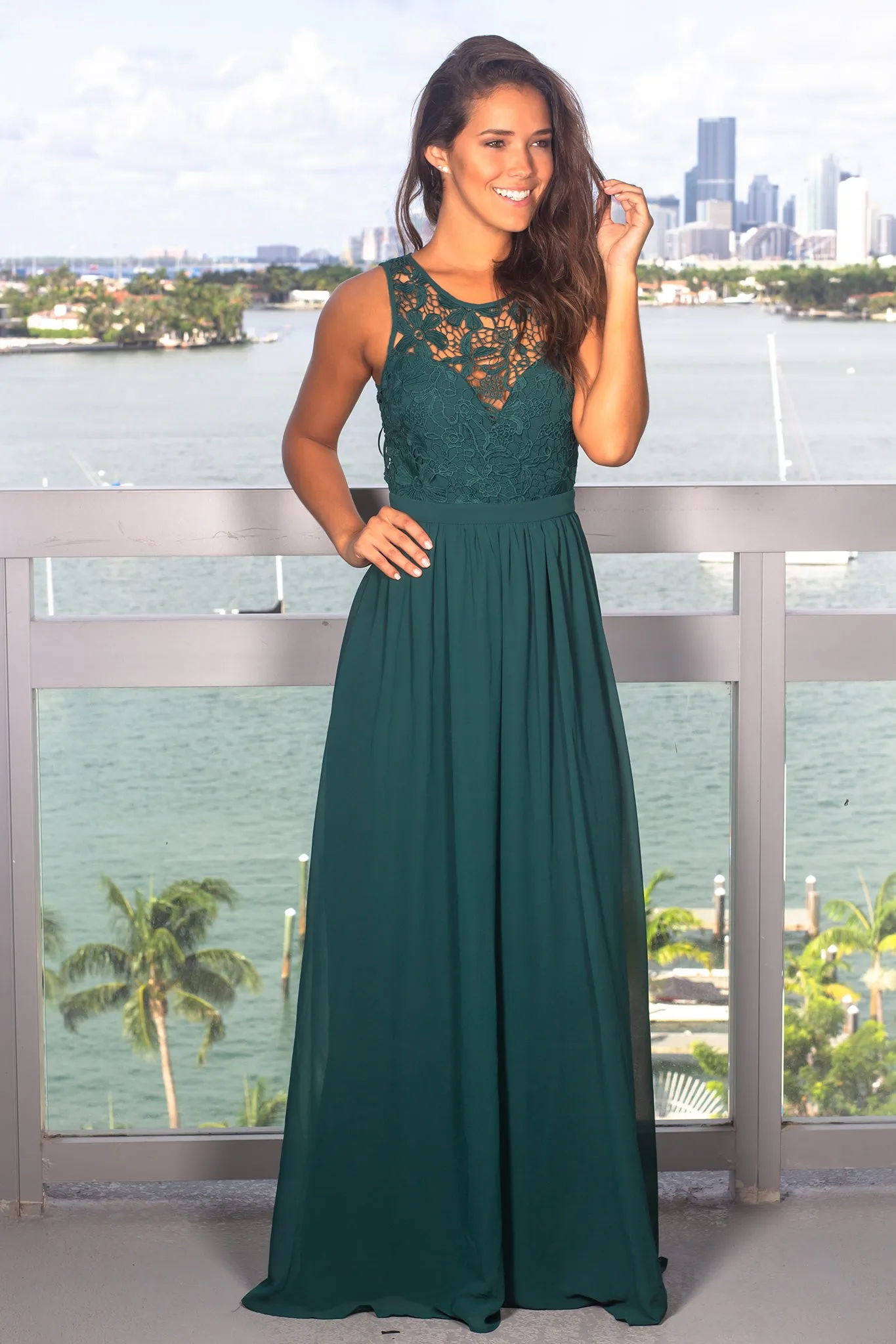 Hunter Green Crochet Maxi Dress with Open Back