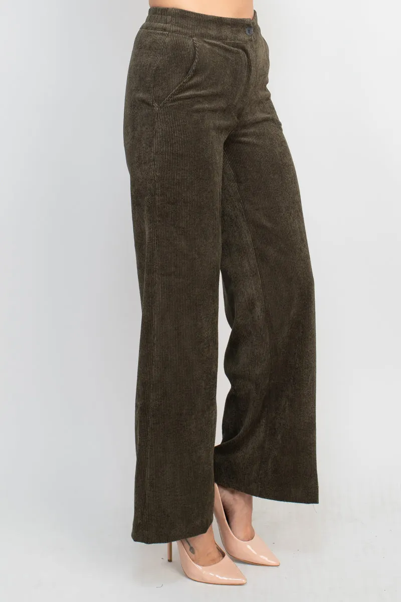 Industry elastic mid waist button and zip closure straight leg corduroy pant with pockets