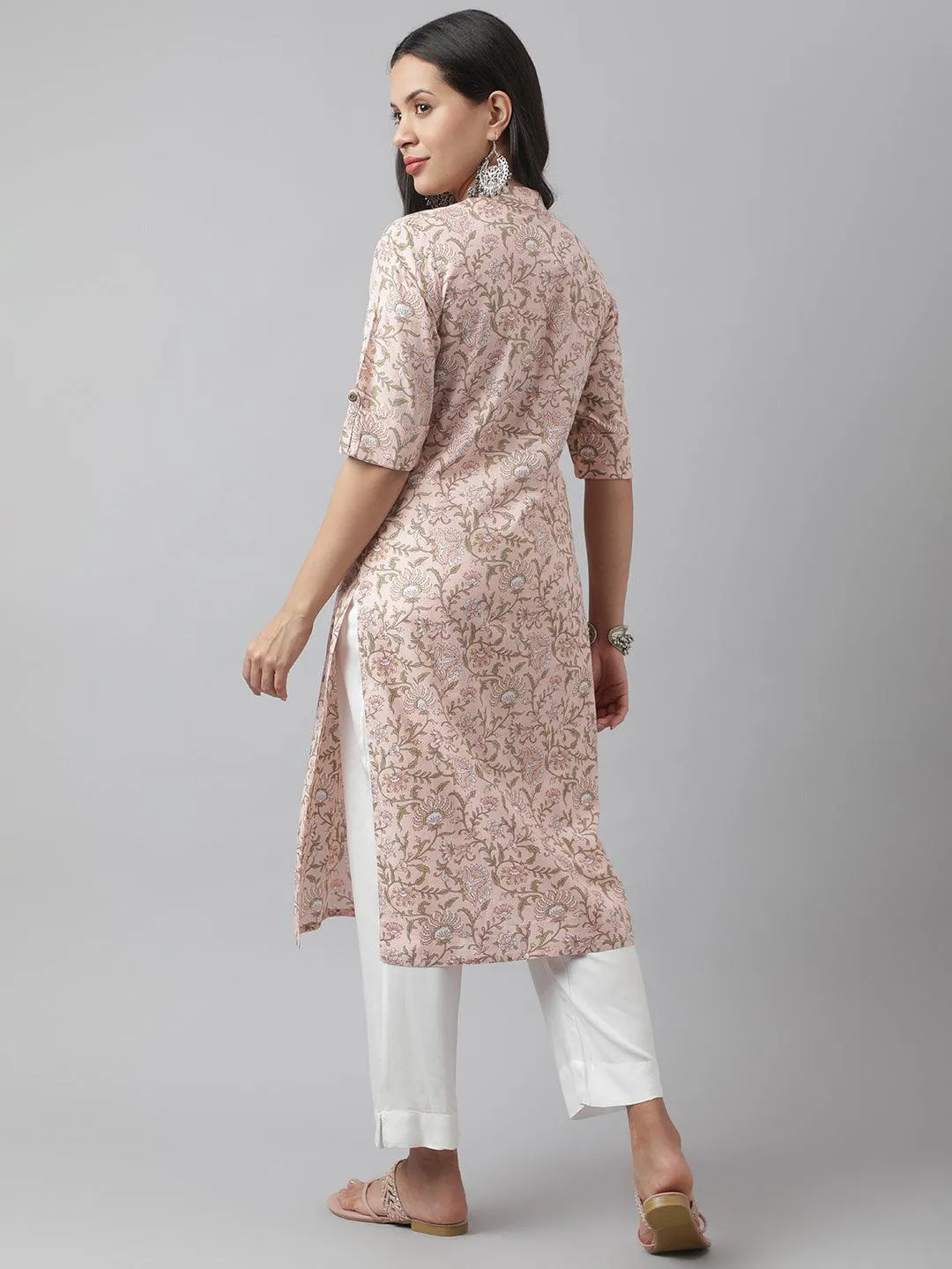 Jashvi Baby Pink Floral Printed Straight Kurta