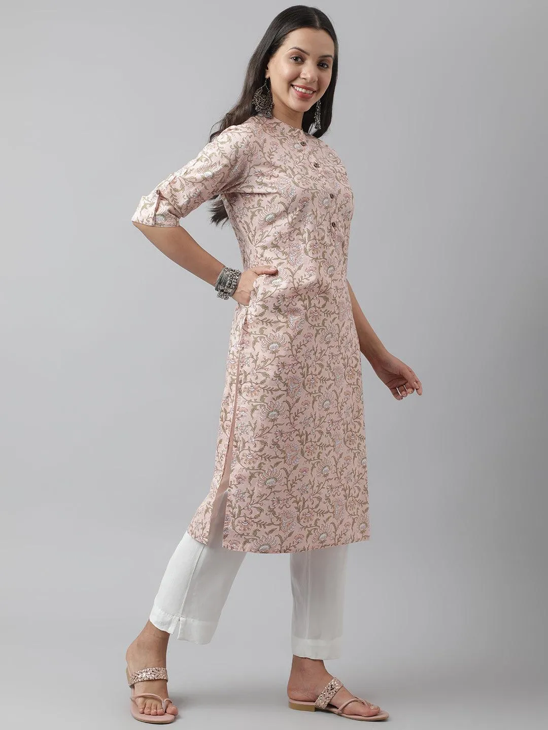 Jashvi Baby Pink Floral Printed Straight Kurta