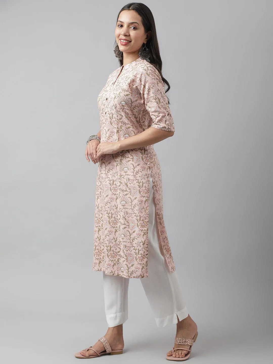 Jashvi Baby Pink Floral Printed Straight Kurta