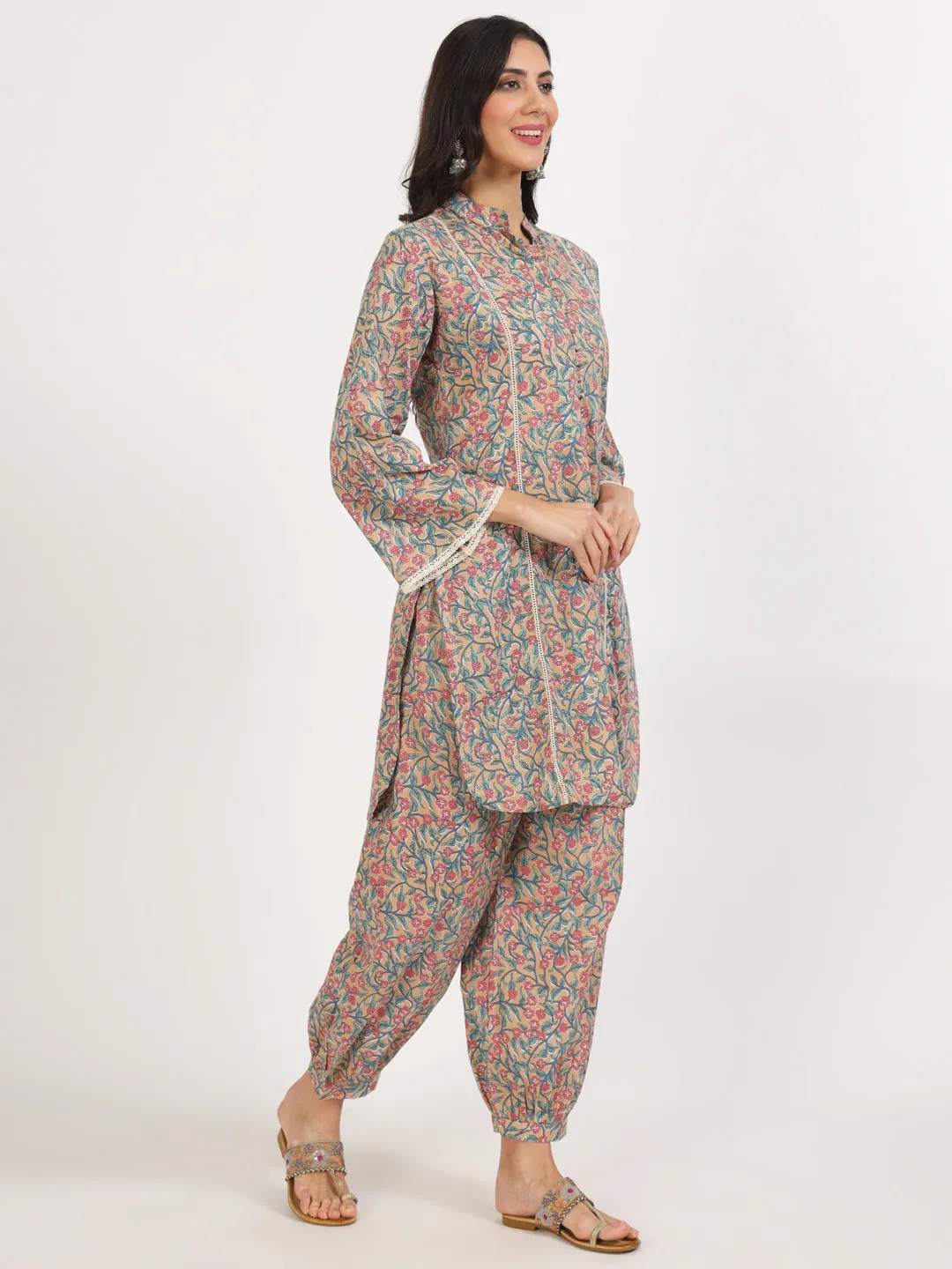 Jashvi Beige Floral Printed Cotton Co-ord Set