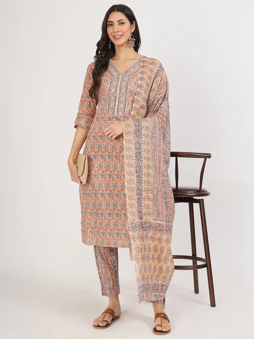 Jashvi Brown Embroidered Cotton Kurta pants with Dupatta set