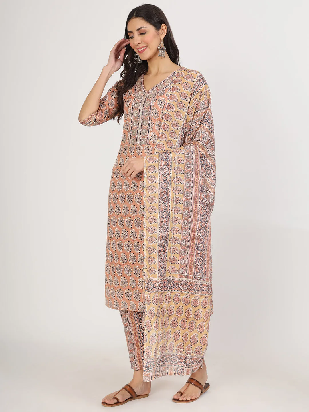 Jashvi Brown Embroidered Cotton Kurta pants with Dupatta set