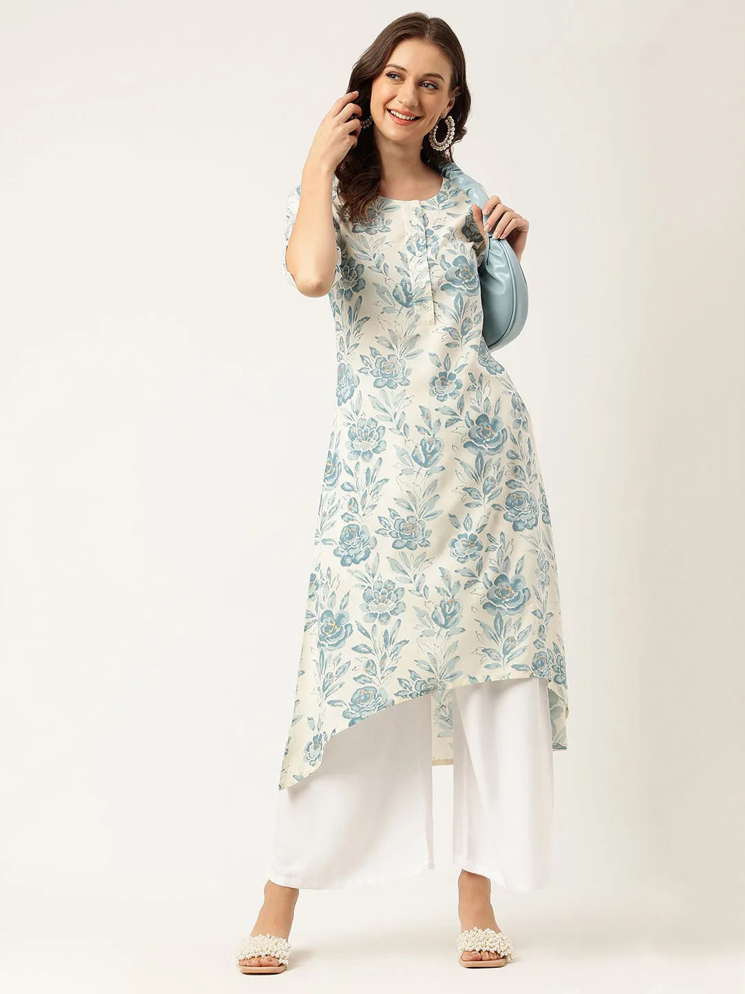 Jashvi Floral Print A-line Kurta with Asymetric Hemline