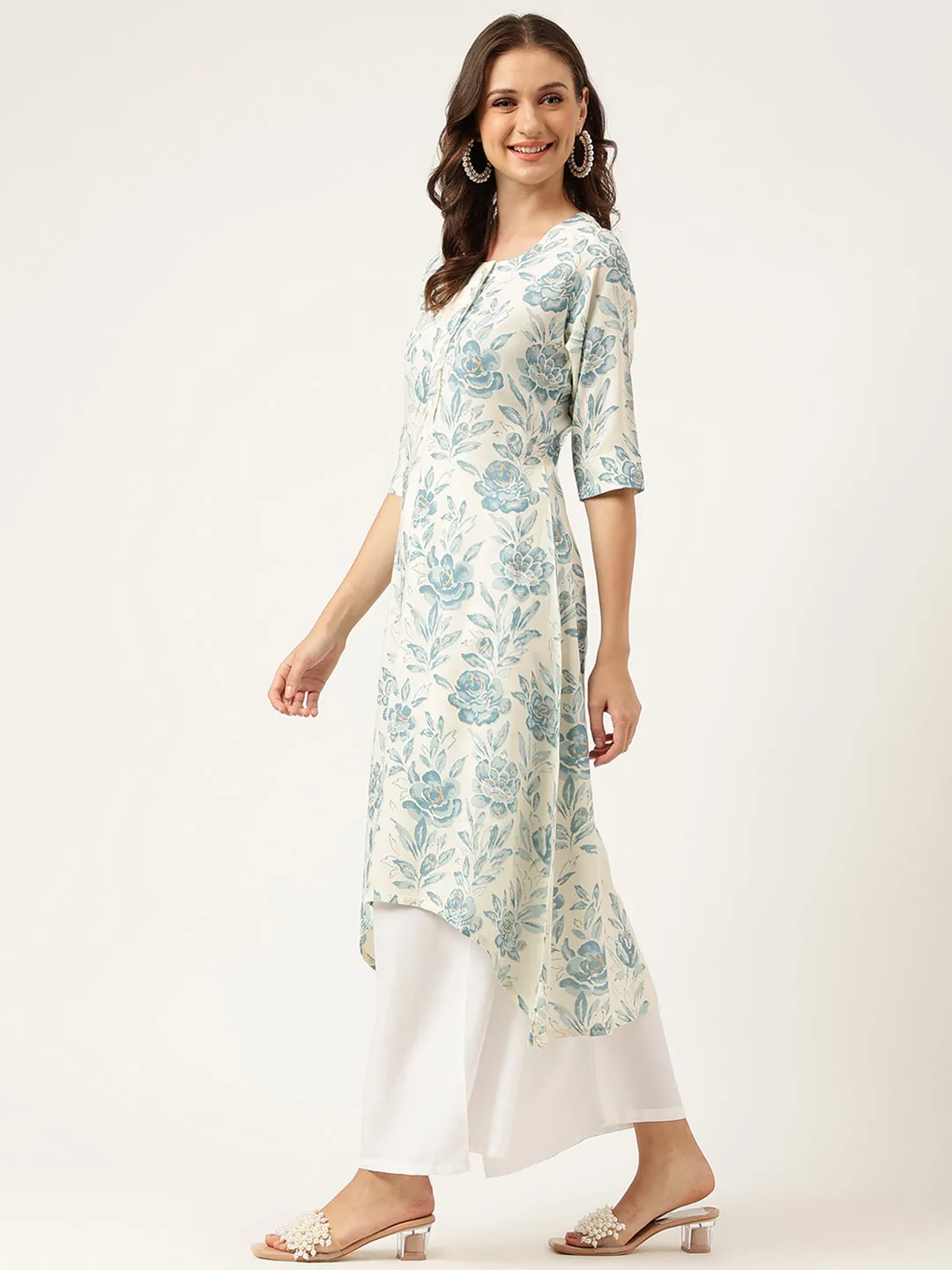 Jashvi Floral Print A-line Kurta with Asymetric Hemline