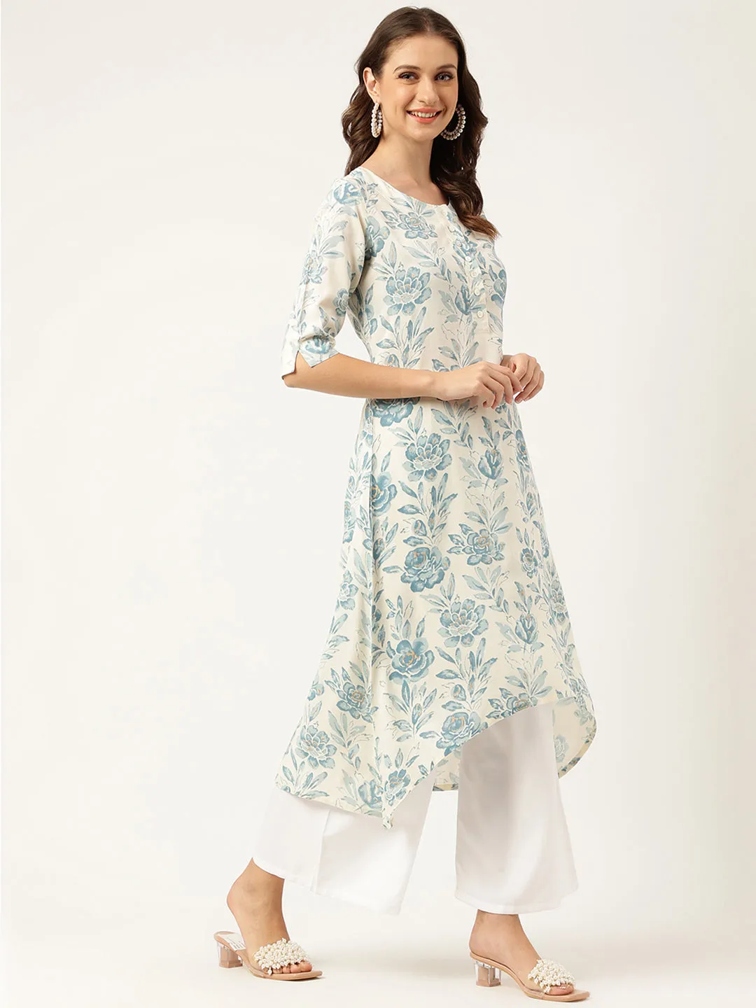 Jashvi Floral Print A-line Kurta with Asymetric Hemline