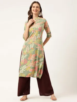 Jashvi Green Floral Digital Printed Straight Fold Sleeve Kurta