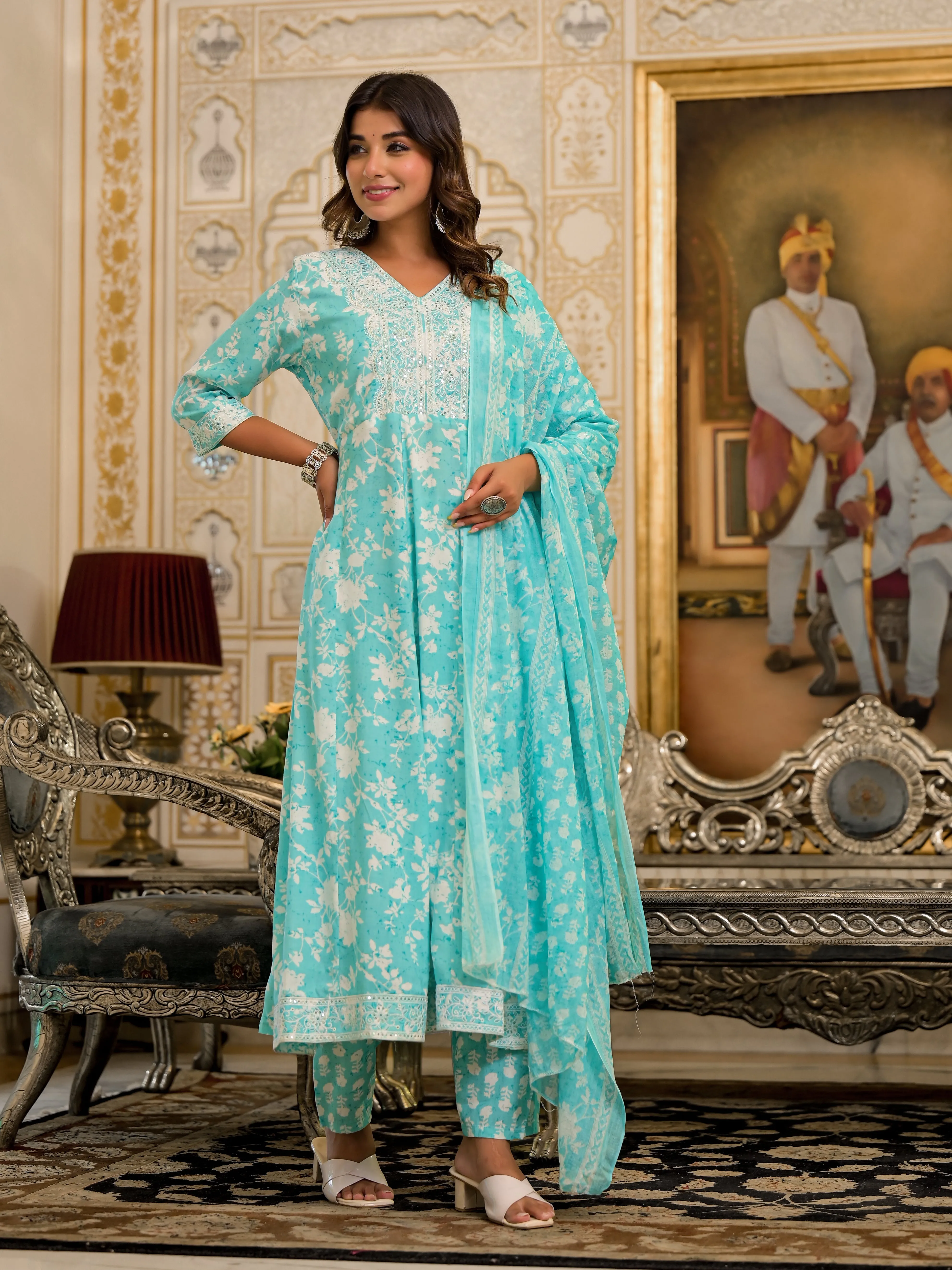 Jashvi Green Floral Printed Rayon Kurta, Pant And Dupatta Set With Thread & Sequins Work