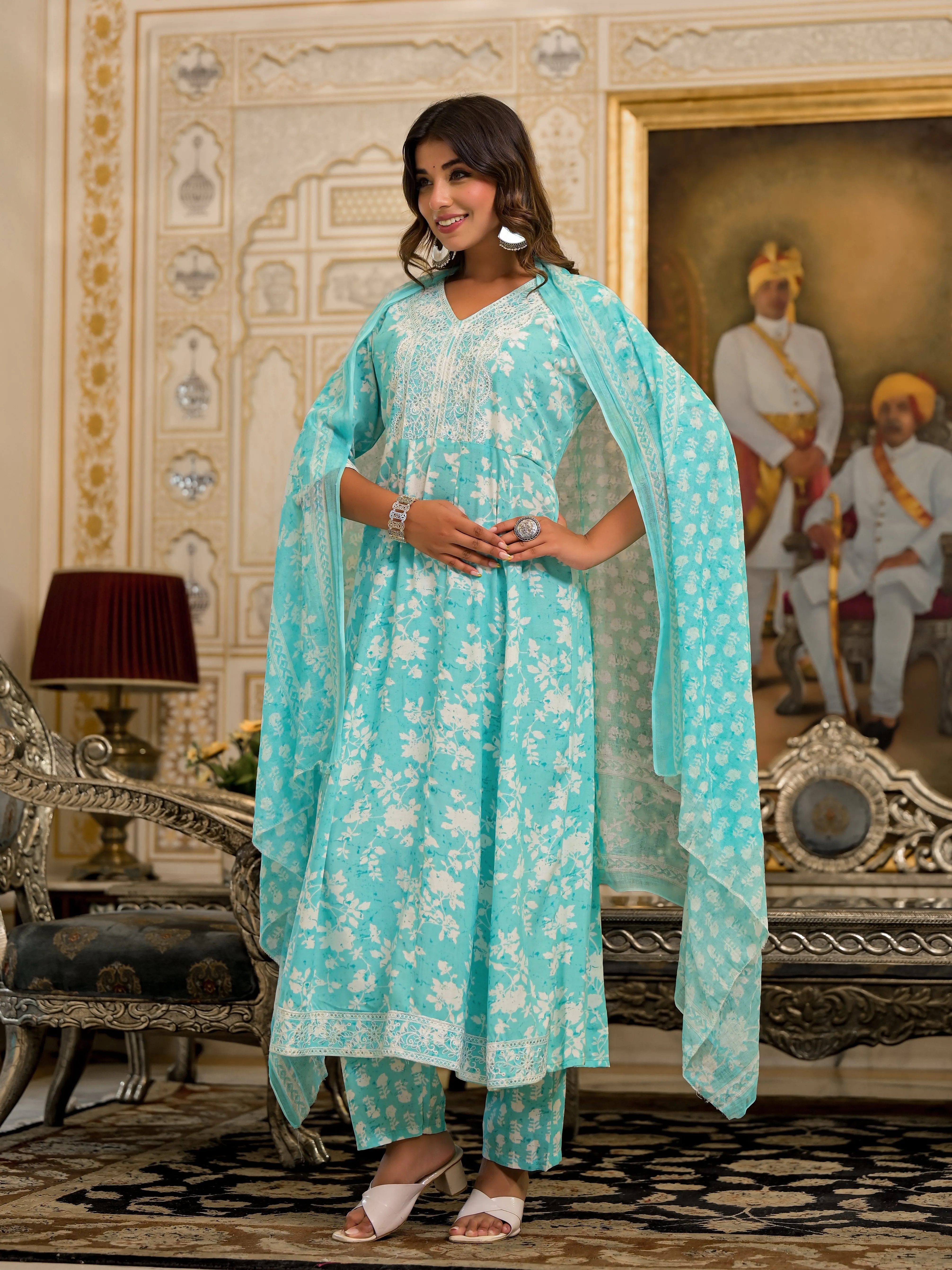 Jashvi Green Floral Printed Rayon Kurta, Pant And Dupatta Set With Thread & Sequins Work