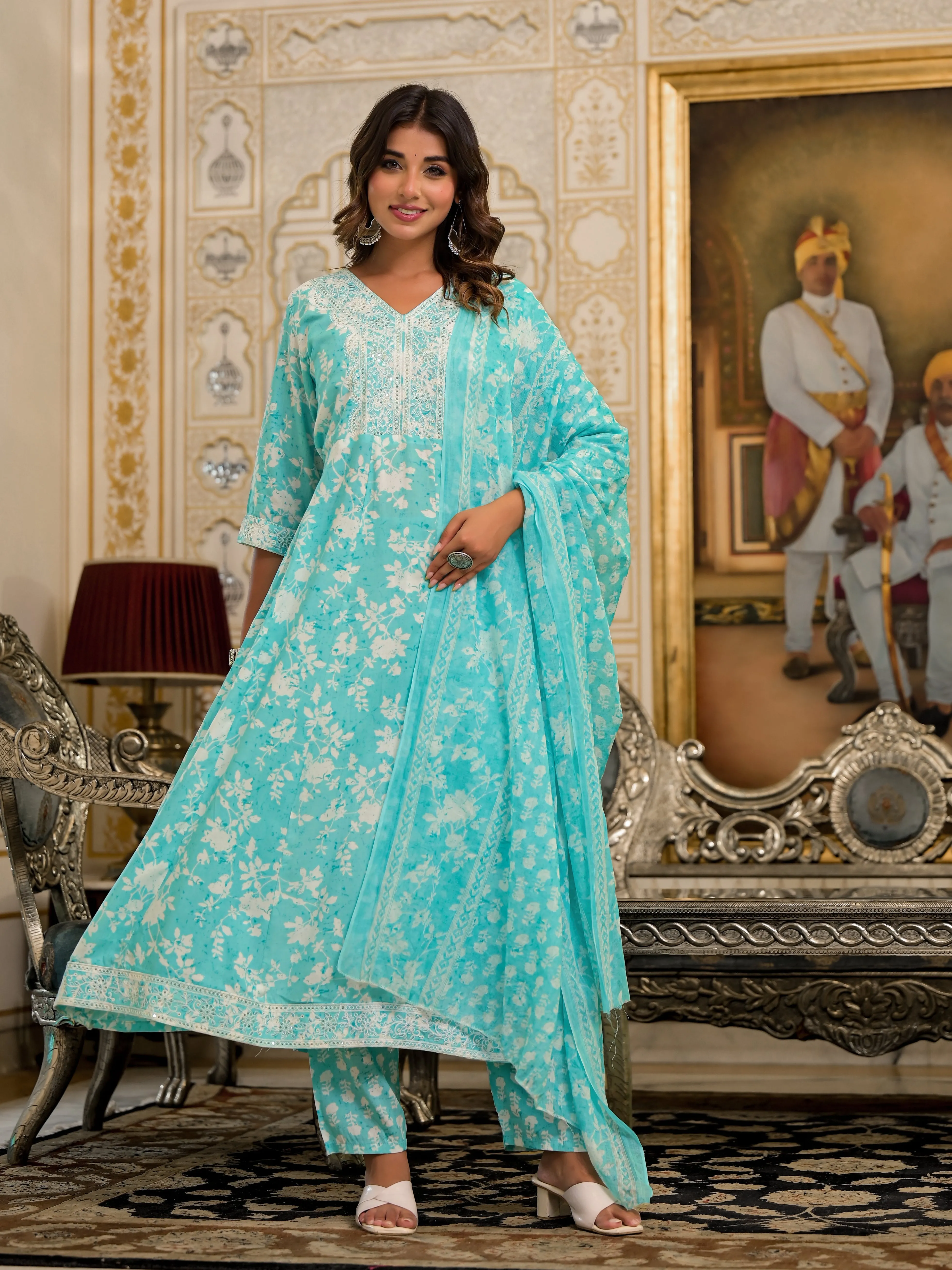 Jashvi Green Floral Printed Rayon Kurta, Pant And Dupatta Set With Thread & Sequins Work