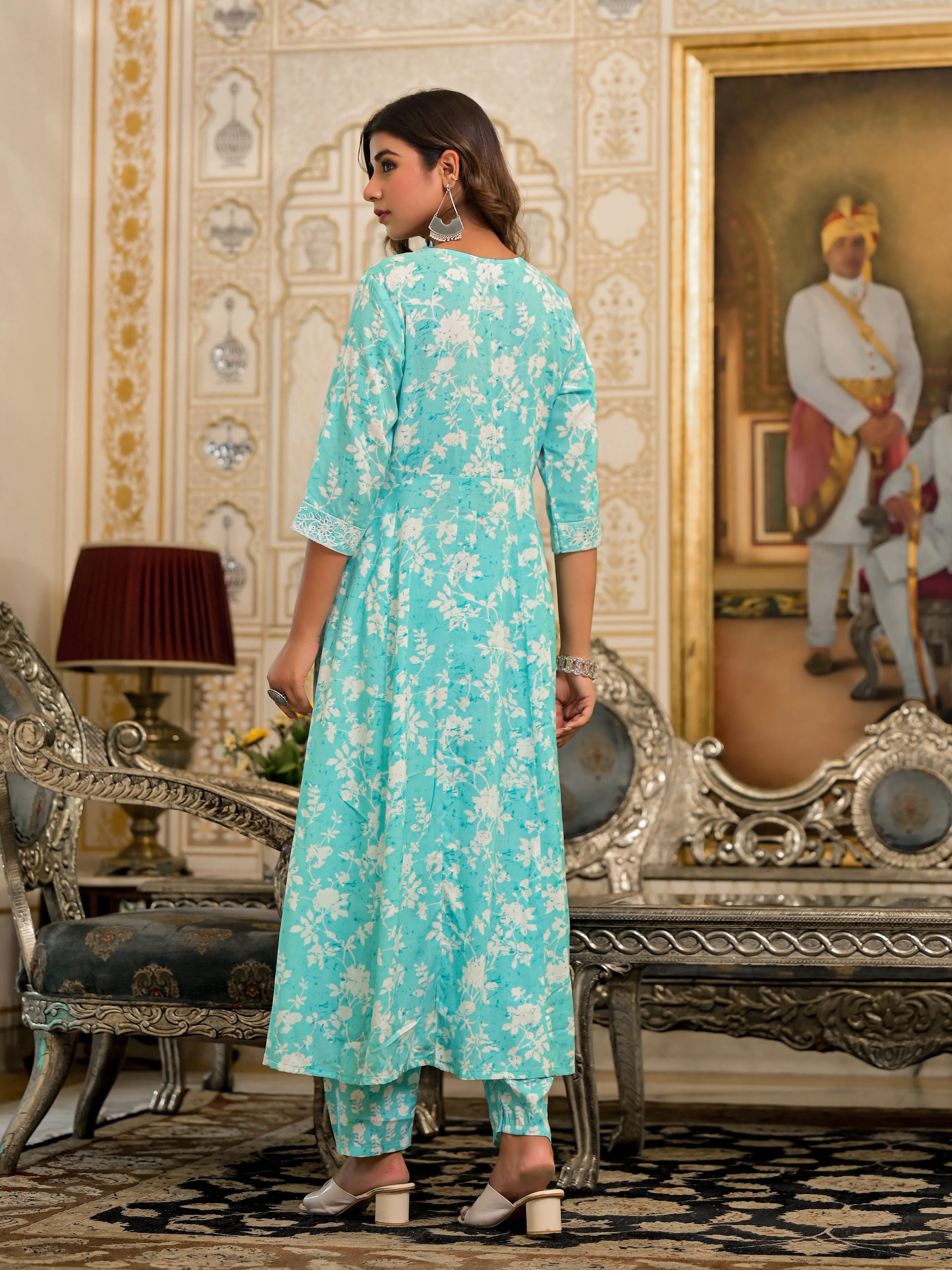 Jashvi Green Floral Printed Rayon Kurta, Pant And Dupatta Set With Thread & Sequins Work