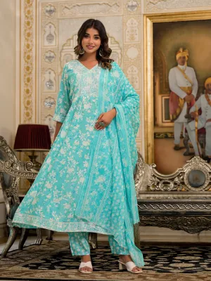 Jashvi Green Floral Printed Rayon Kurta, Pant And Dupatta Set With Thread & Sequins Work