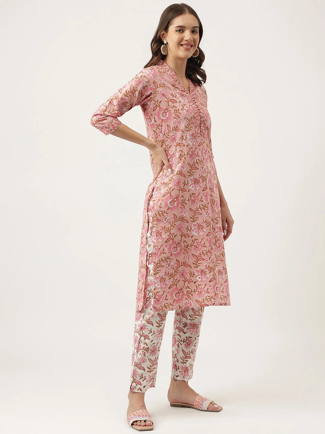 Jashvi Pink hand block Floral Printed Cotton Kurta, trousers with Dupatta Set