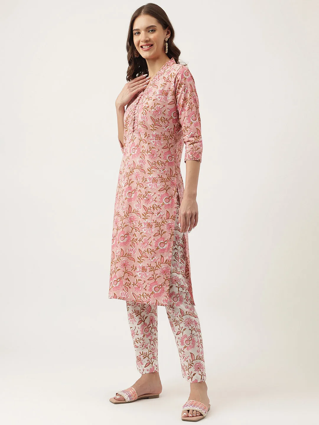 Jashvi Pink hand block Floral Printed Cotton Kurta, trousers with Dupatta Set