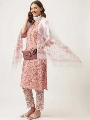 Jashvi Pink hand block Floral Printed Cotton Kurta, trousers with Dupatta Set