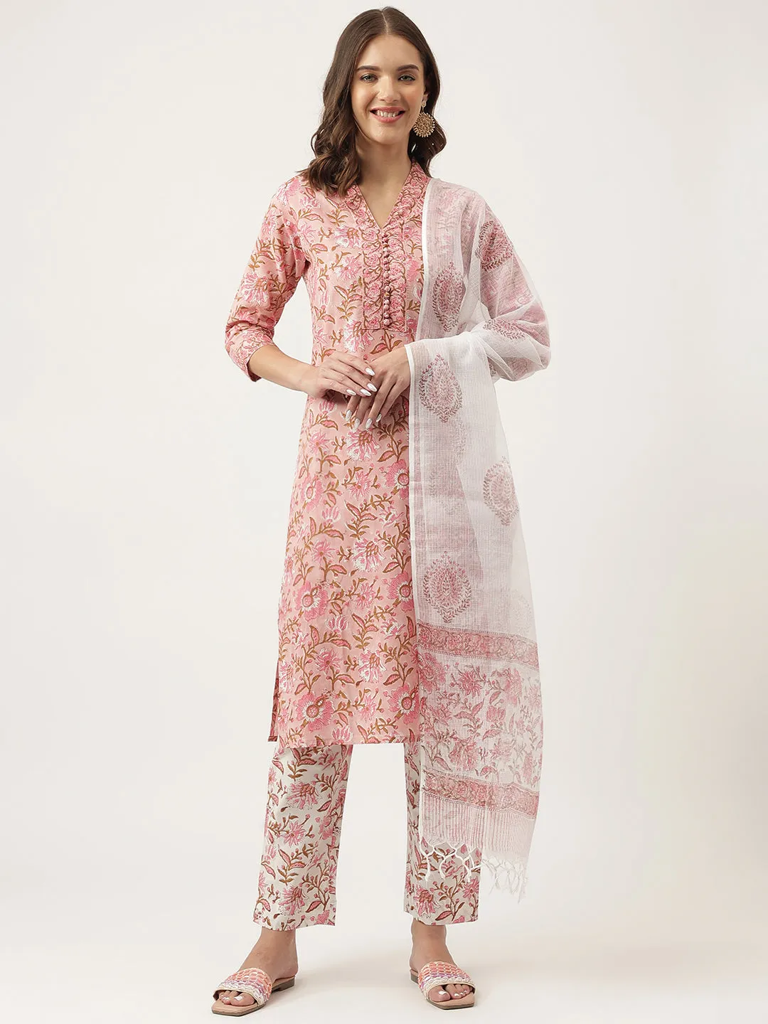 Jashvi Pink hand block Floral Printed Cotton Kurta, trousers with Dupatta Set