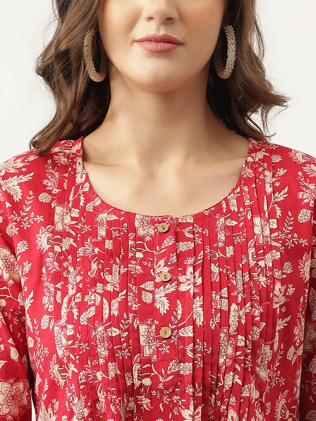 Jashvi Red Floral Printed Cotton Peplum Top